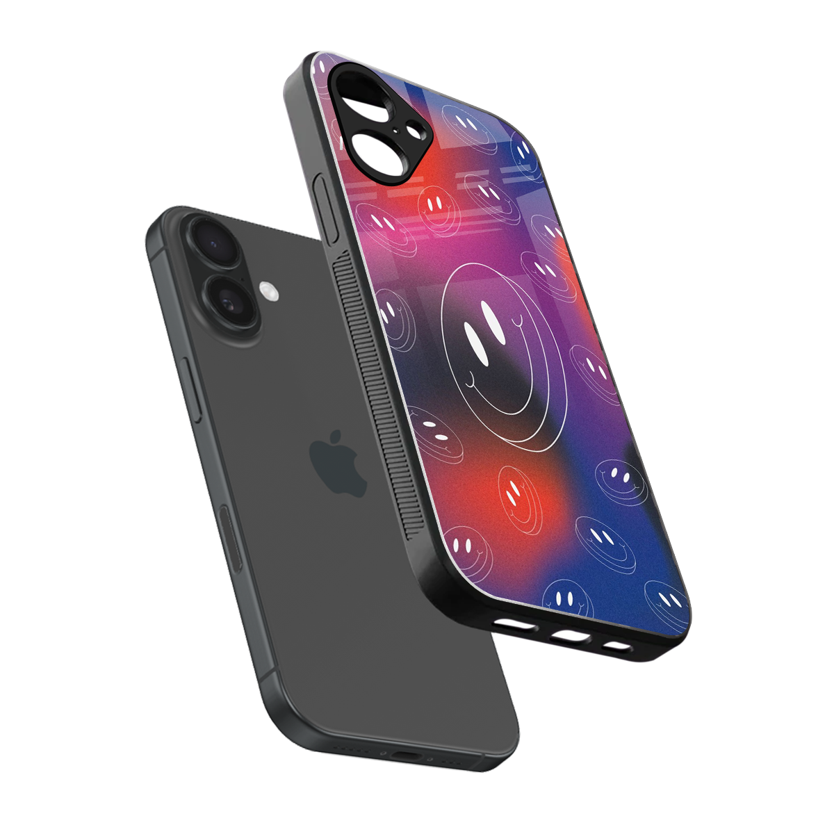 Happy Vibes sleek iPhone 16 cover with tempered glass back and TPU edges