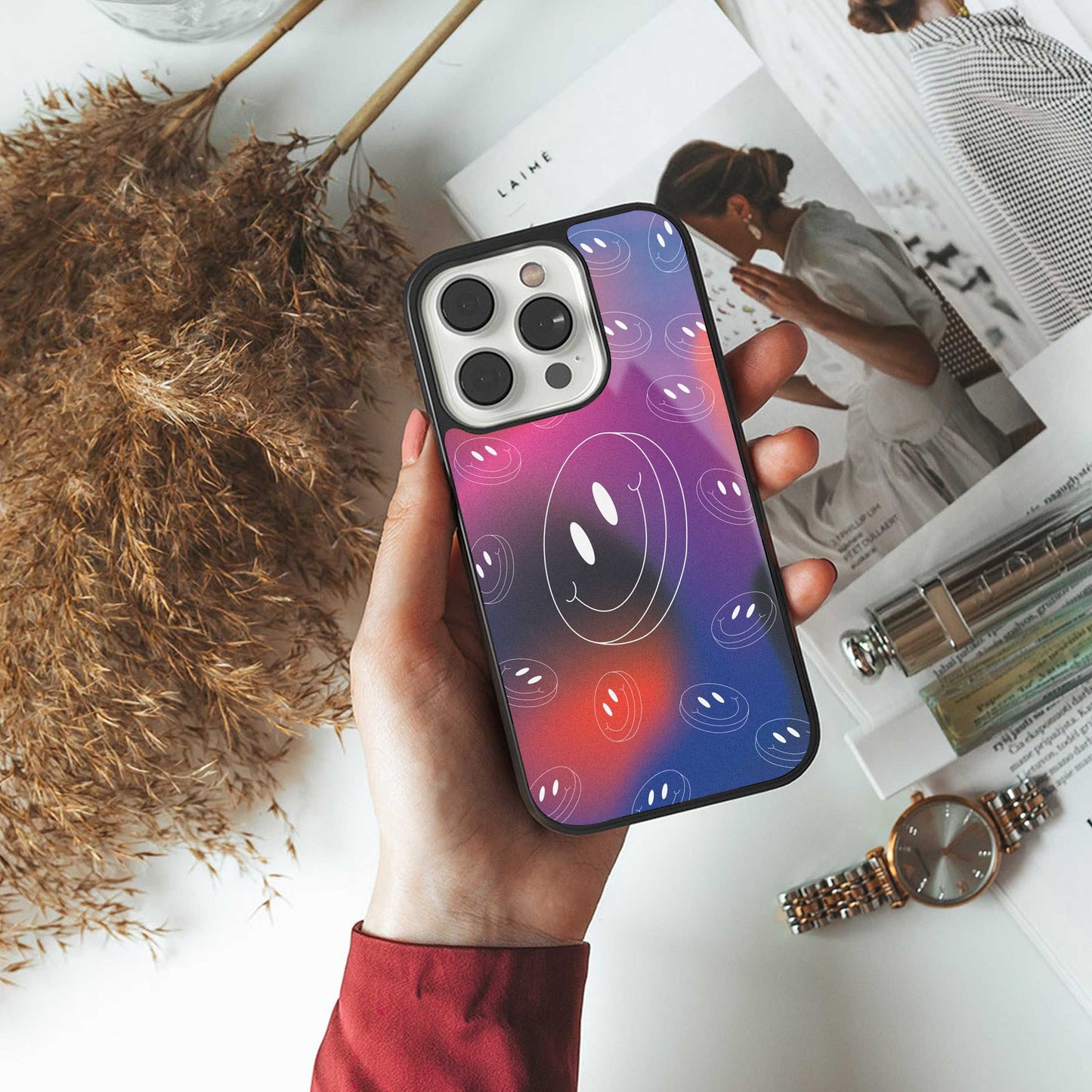 Happy Vibes luxury glass phone case for iPhone 16 | scratch and drop resistant