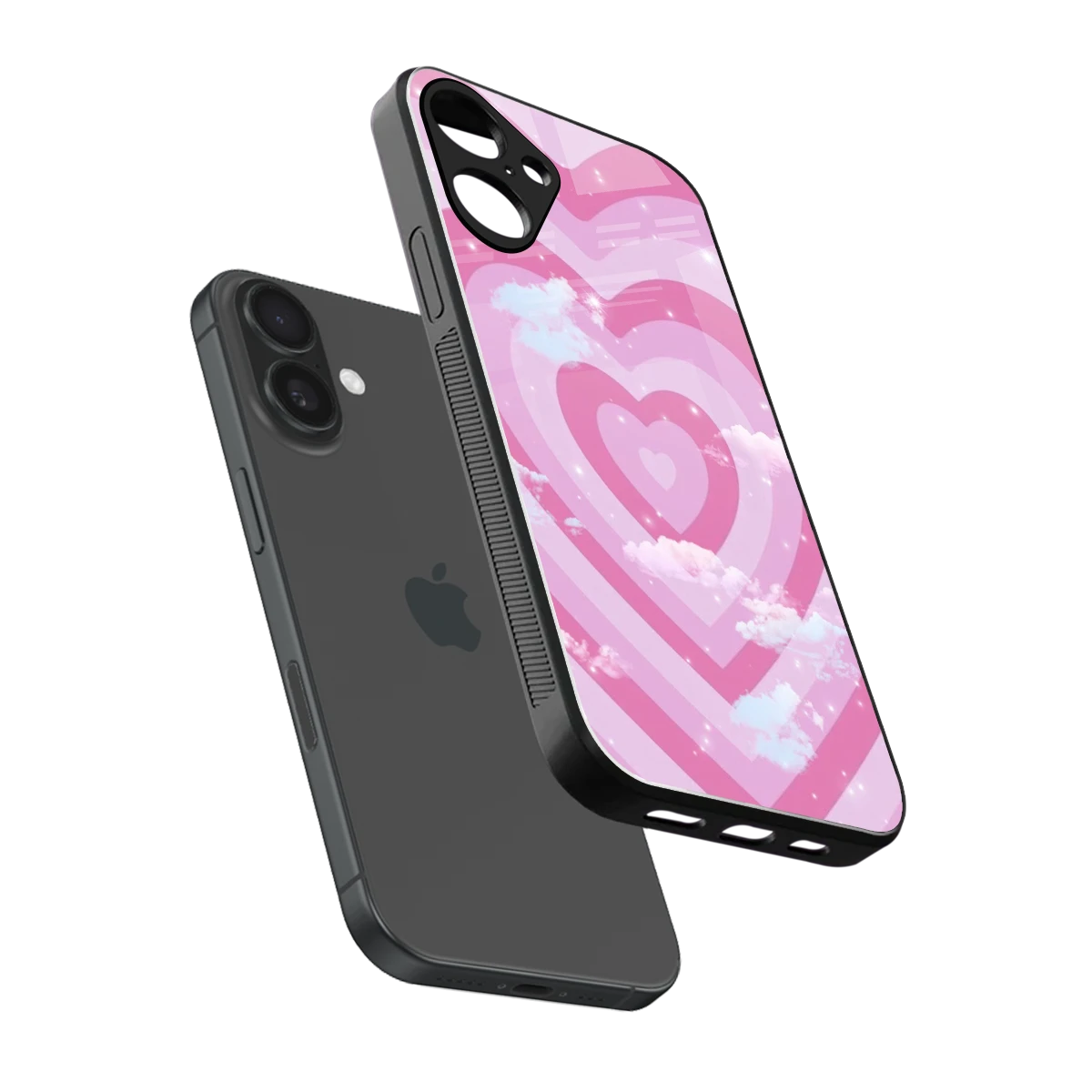 Hearts X Clouds sleek iphone 16 plus cover with tempered glass back and TPU edges