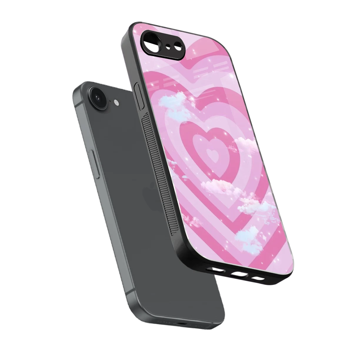 Hearts X Clouds sleek iphone 16e cover with tempered glass back and TPU edges