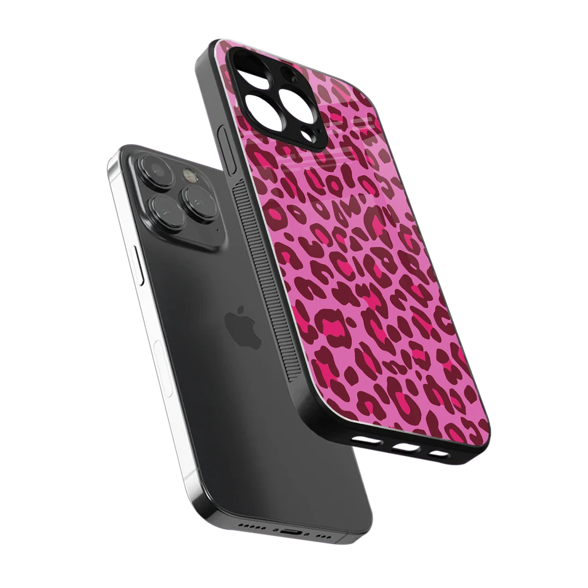 Leopard Pink sleek iphone 14 pro max cover with tempered glass back and TPU edges