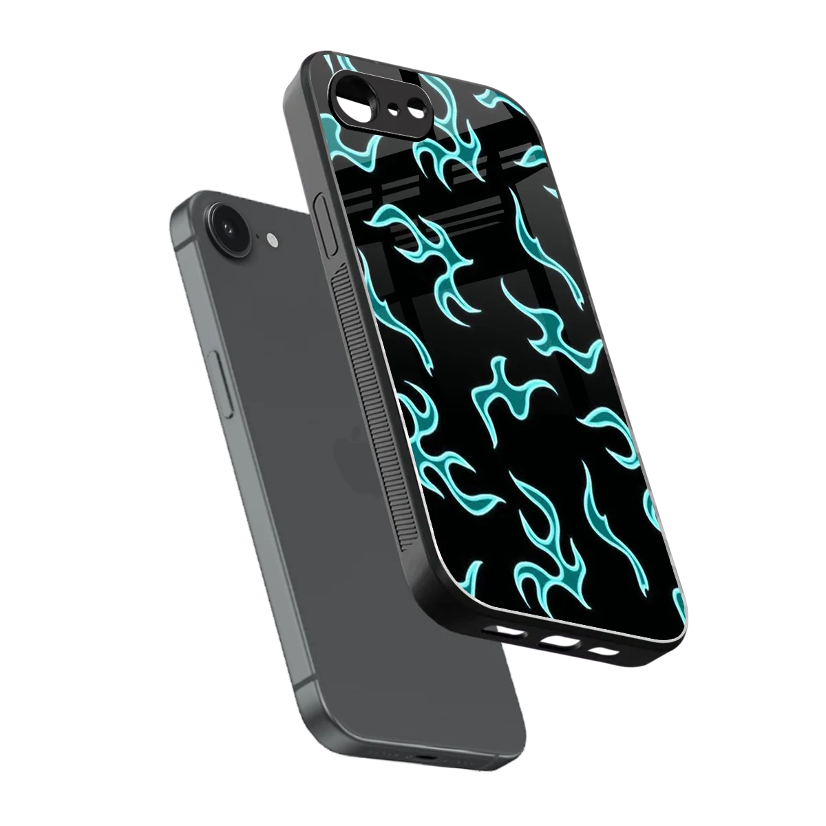 Lil Flames Black Blue sleek iphone 16e cover with tempered glass back and TPU edges