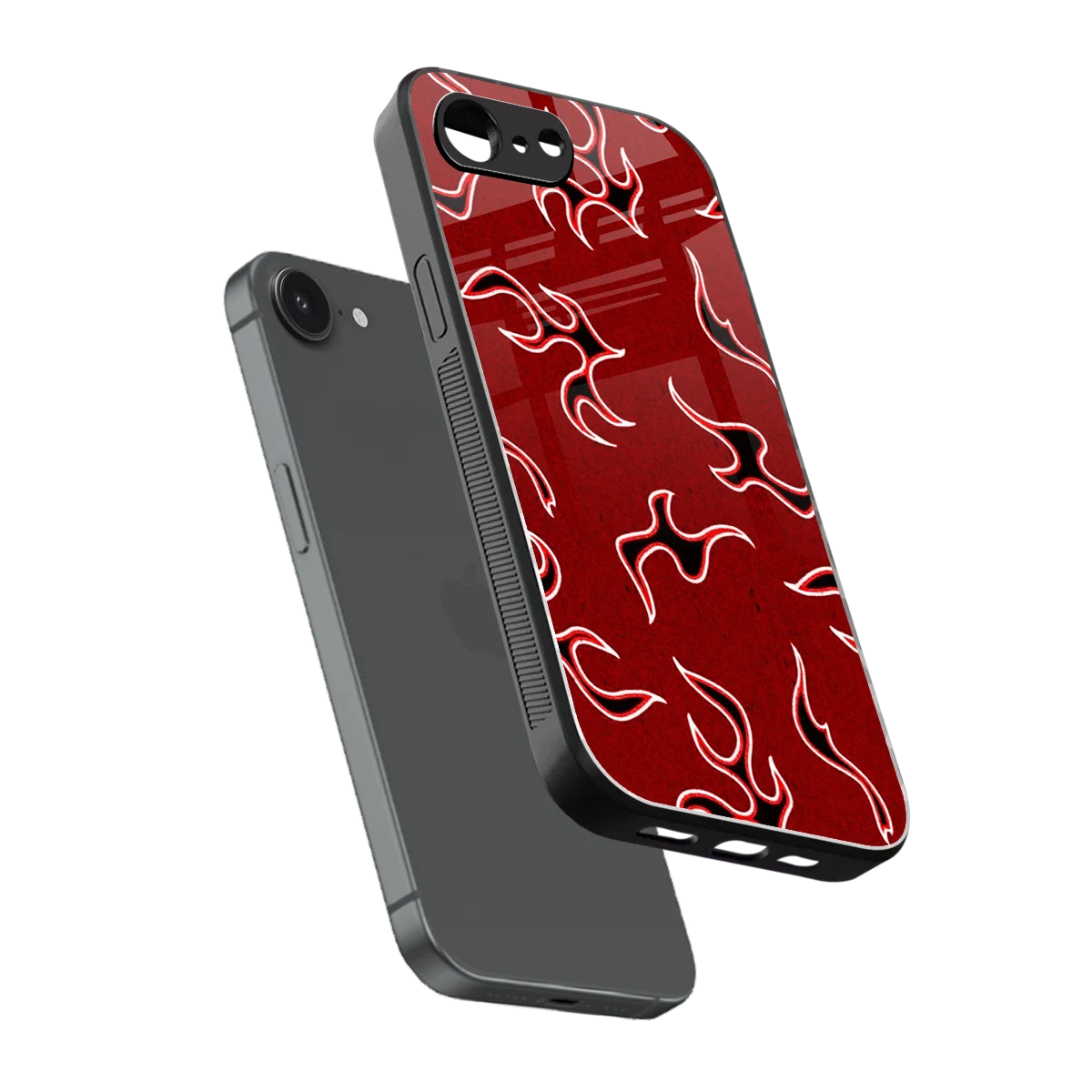Lil Flames Black Red sleek iphone 16e cover with tempered glass back and TPU edges