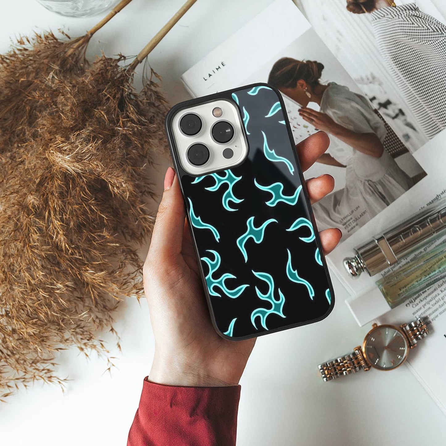 Lil Flames Black Blue Phone Case for Iphone 16 | Glass Case