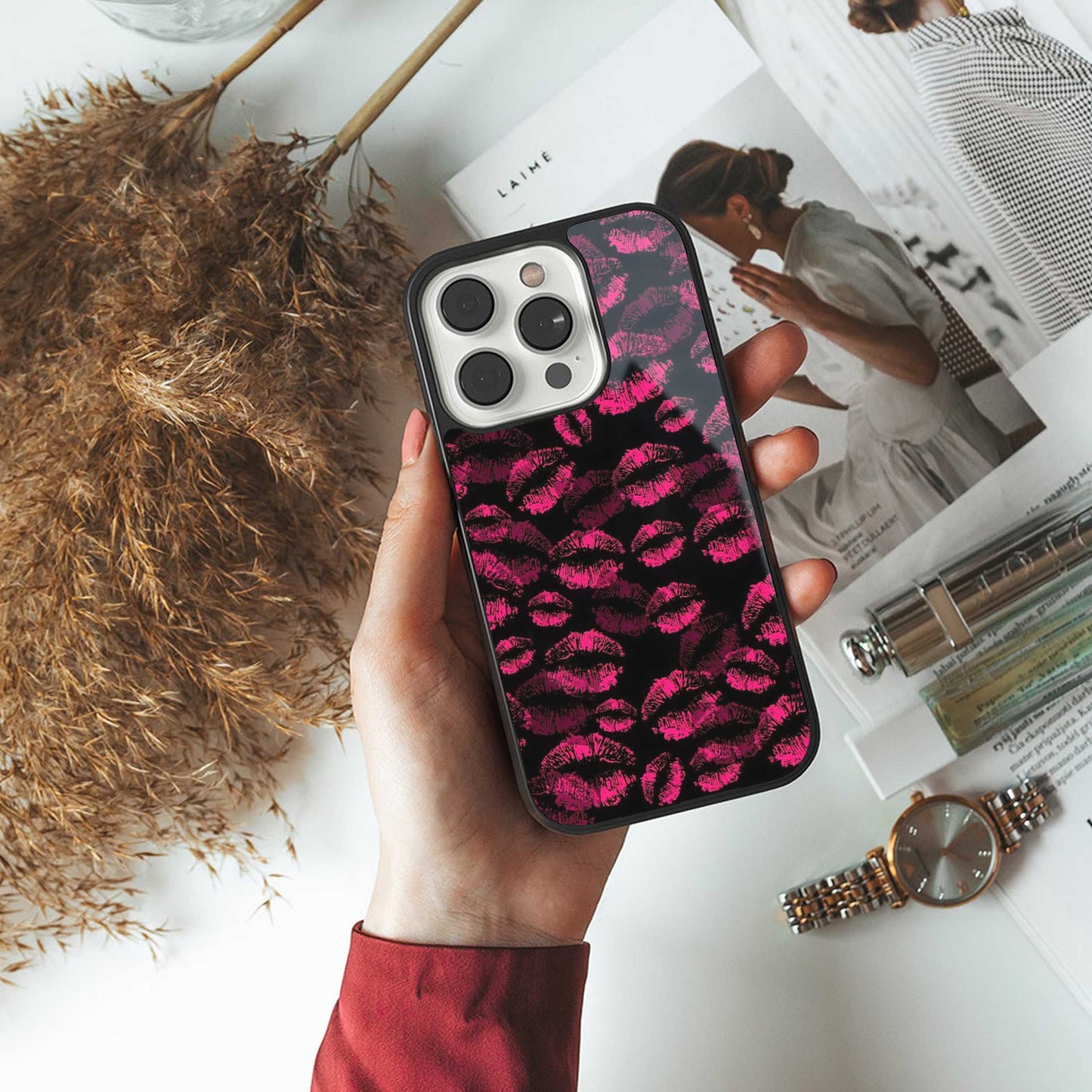Lip Glam Black Phone Case for Iphone 16 | Glass Case
