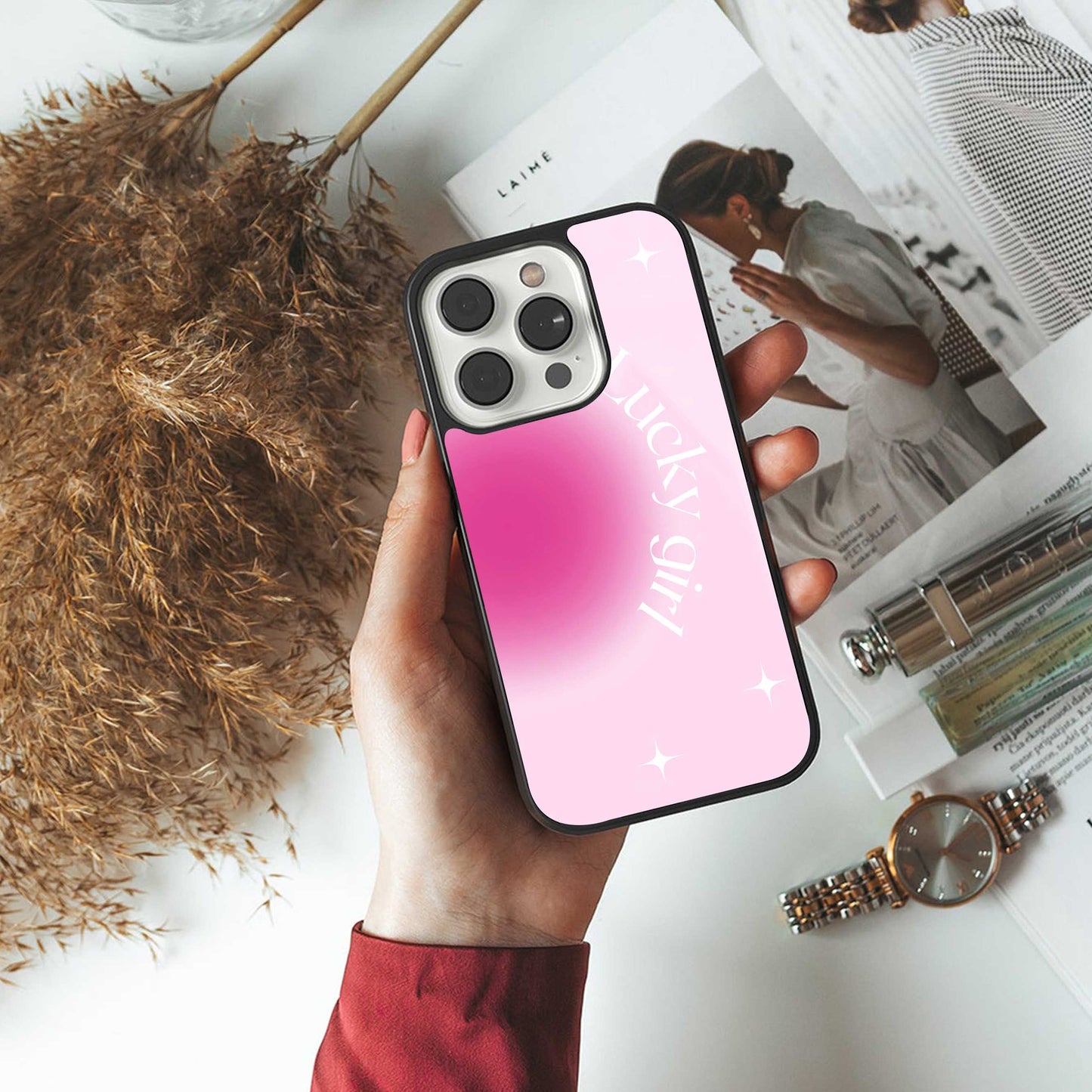 Lucky Girl Aesthetic luxury glass phone case for iPhone 16 | scratch and drop resistant