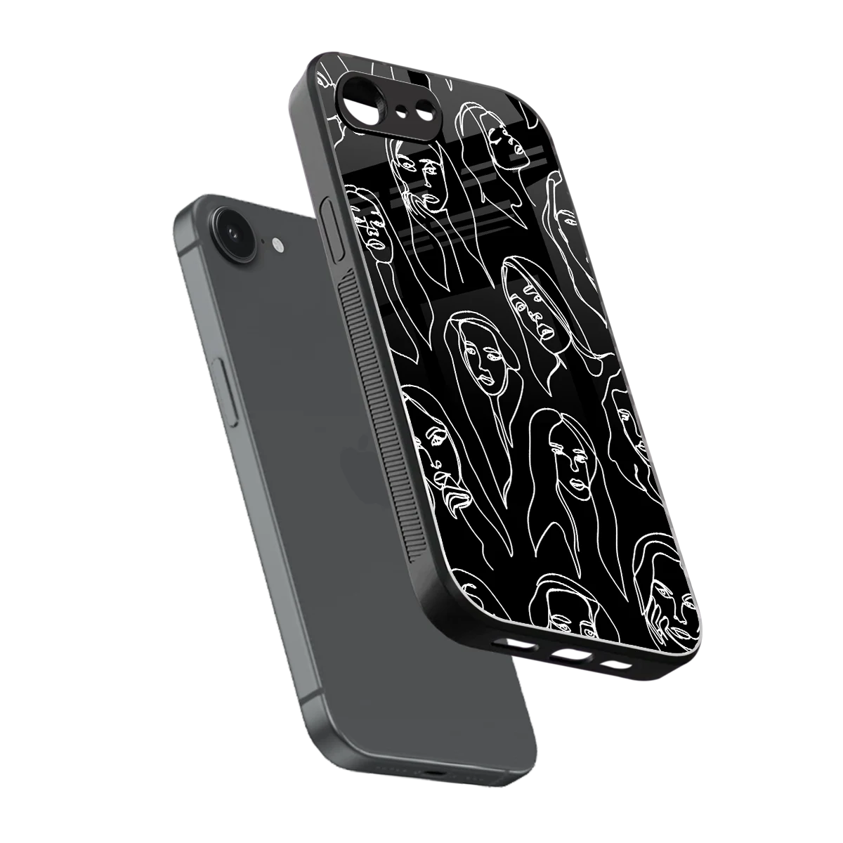 Many Faces Black sleek iphone 16e cover with tempered glass back and TPU edges