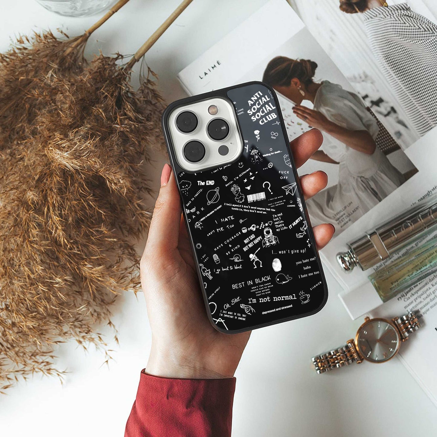 Minimalistic Black Aesthetic Collage Phone Case for Iphone 16 | Glass Case