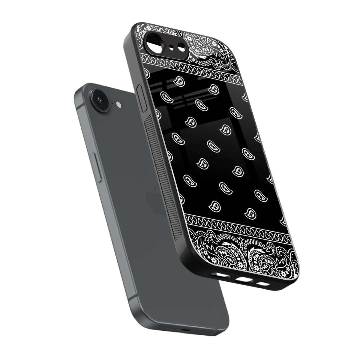 Paisley Black sleek iphone 16e cover with tempered glass back and TPU edges