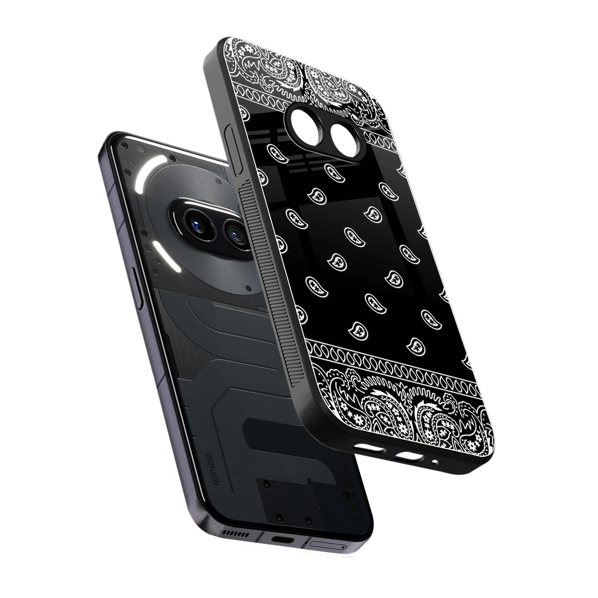 Paisley Black sleek nothing phone 2a cover with tempered glass back and TPU edges