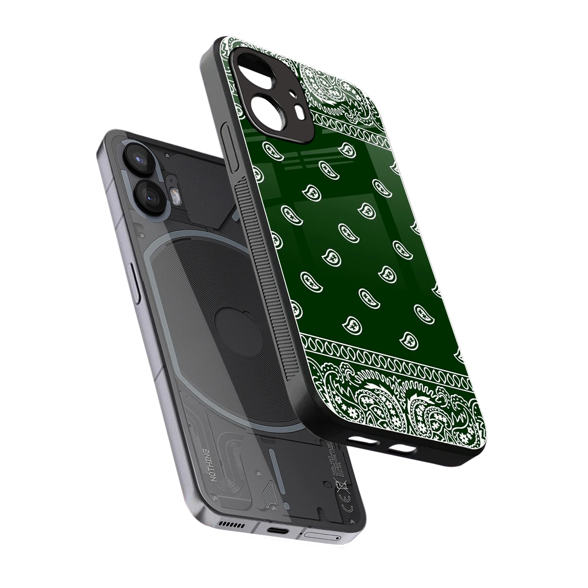 Paisley Green sleek nothing phone 2 cover with tempered glass back and TPU edges