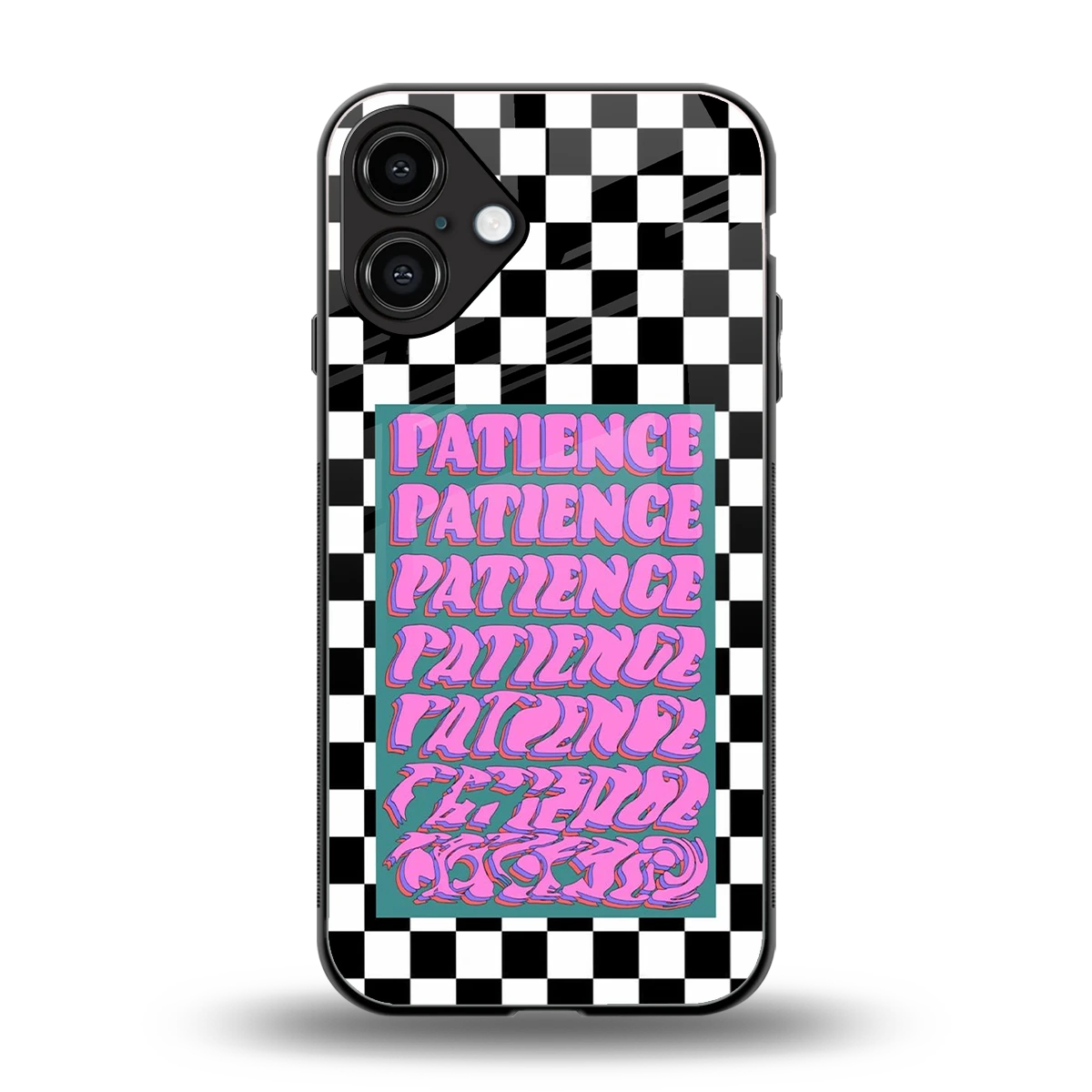 Patience Checkered back phone cover | glass case for iphone 16 plus