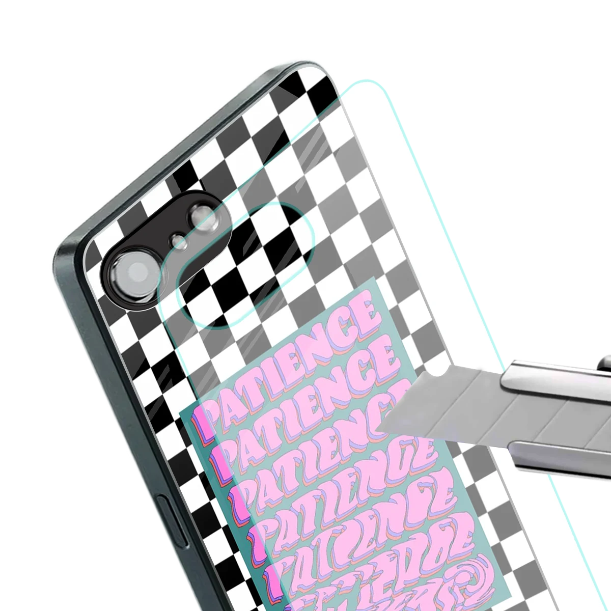 Patience Checkered stylish phone case for iphone 16e | glossy glass and slim fit