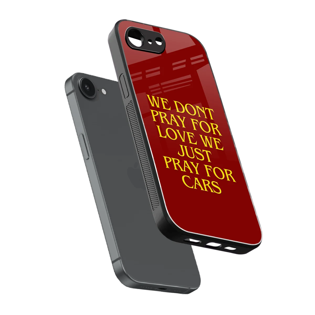 Pray For Cars sleek iphone 16e cover with tempered glass back and TPU edges