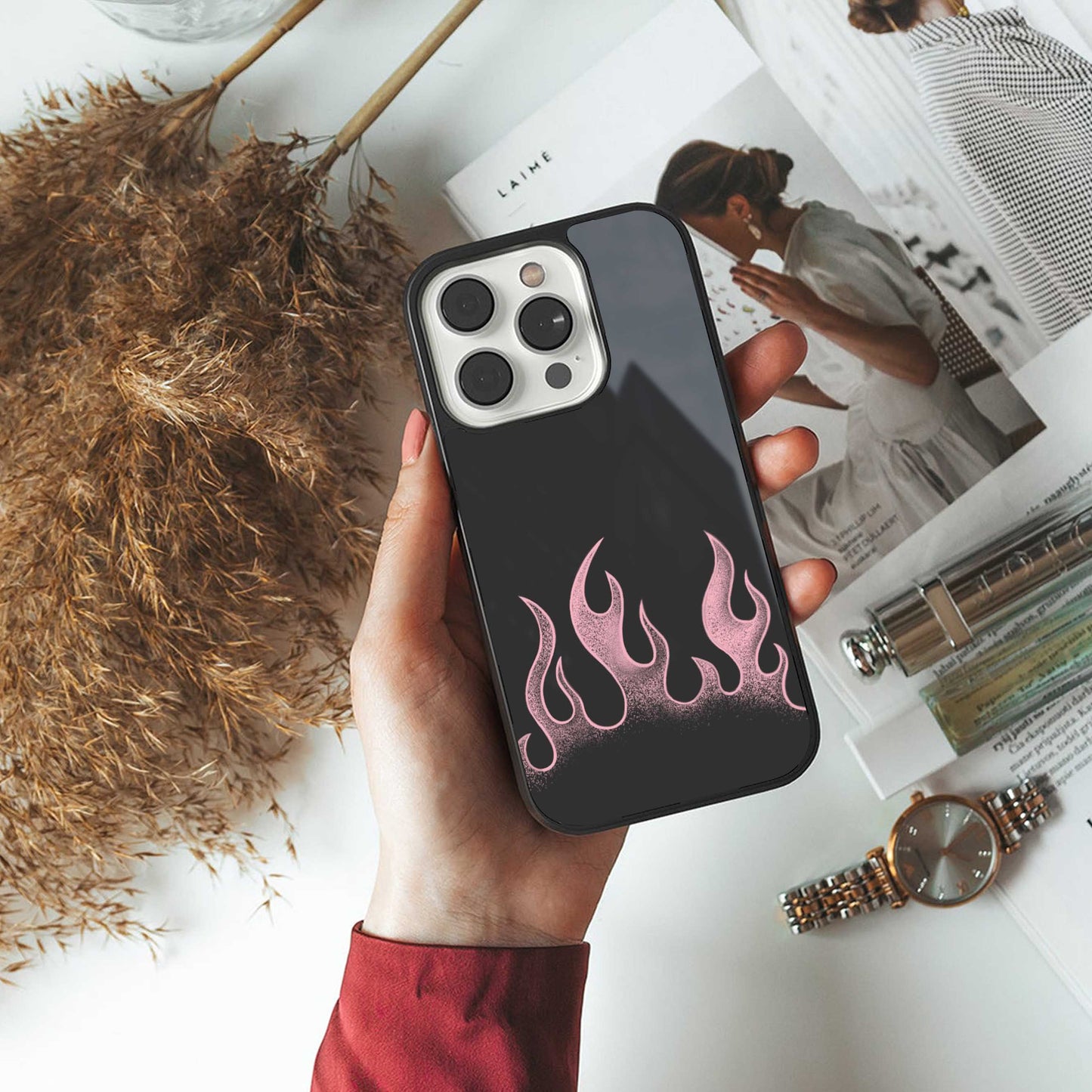 Retro Pink Flames Phone Case for Iphone 16 | Glass Case