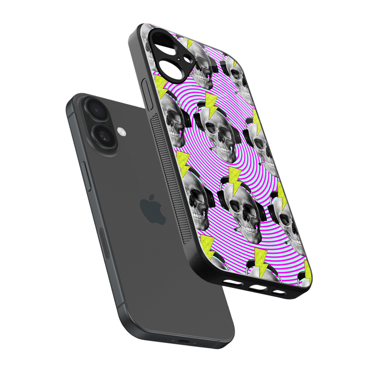 Skull Trip sleek iPhone 16 cover with tempered glass back and TPU edges
