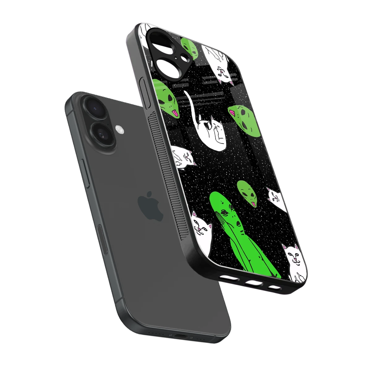 Space Kitty sleek iPhone 16 cover with tempered glass back and TPU edges