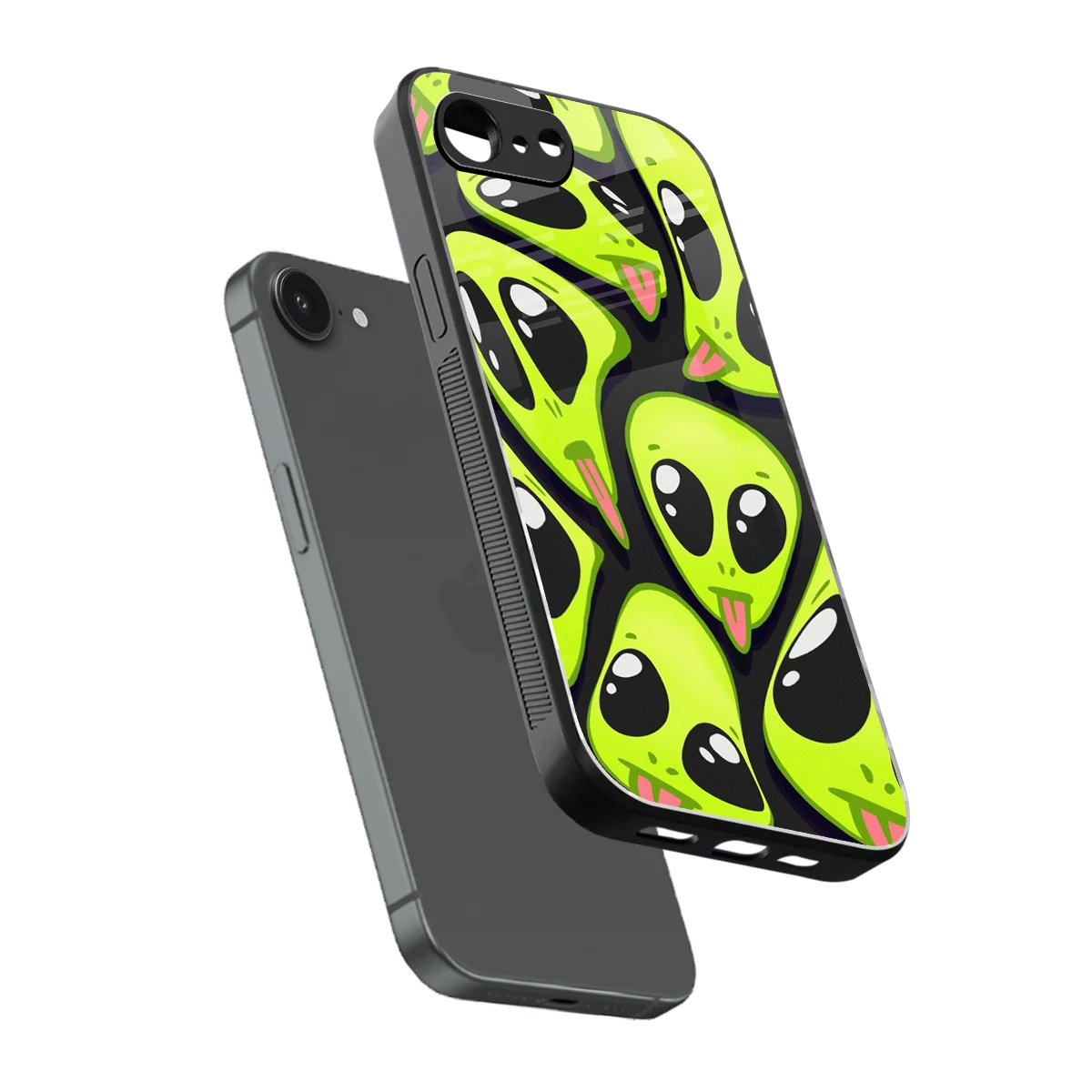 Trippy Aliens sleek iphone 16e cover with tempered glass back and TPU edges