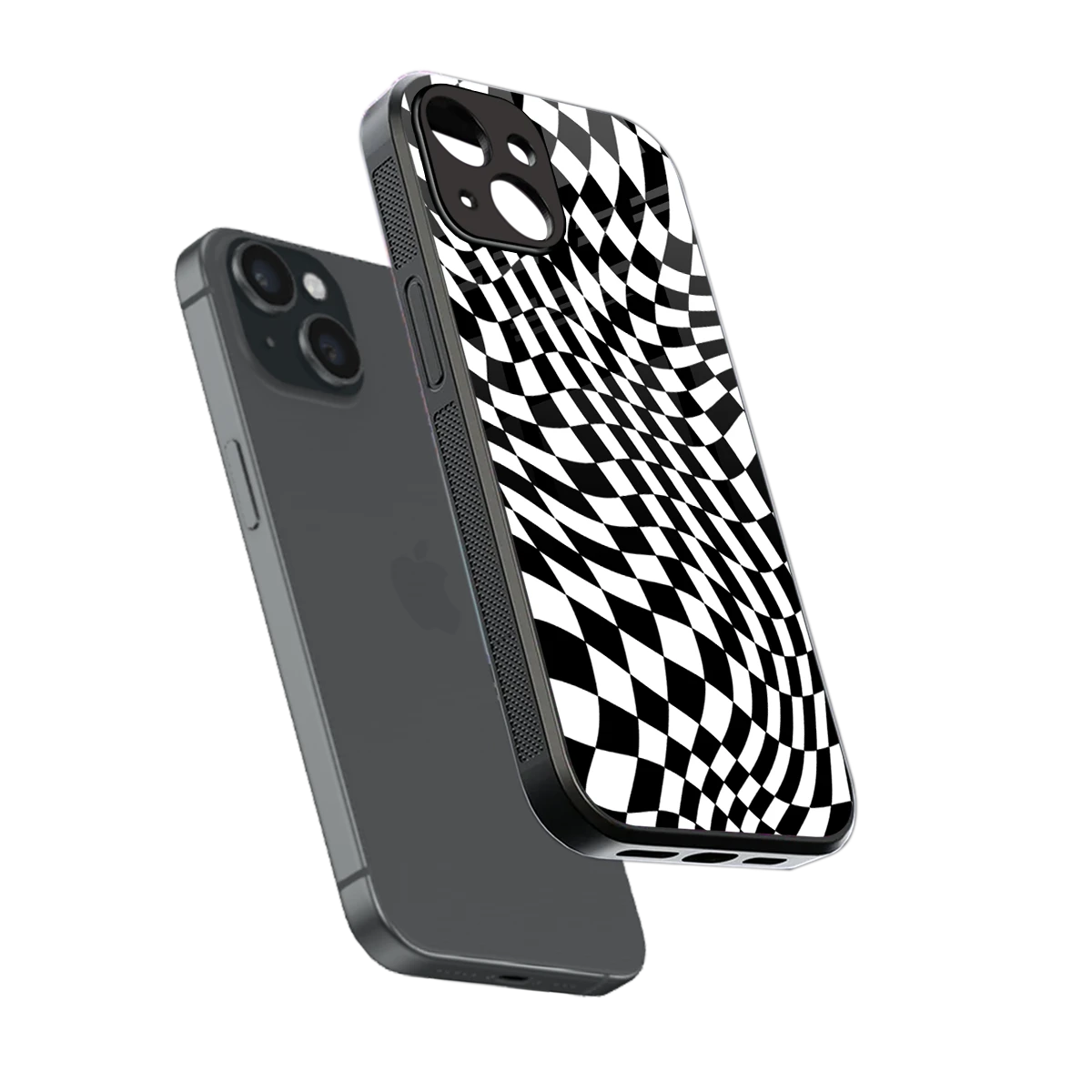 Trippy BW Checkers sleek iphone 13 cover with tempered glass back and TPU edges