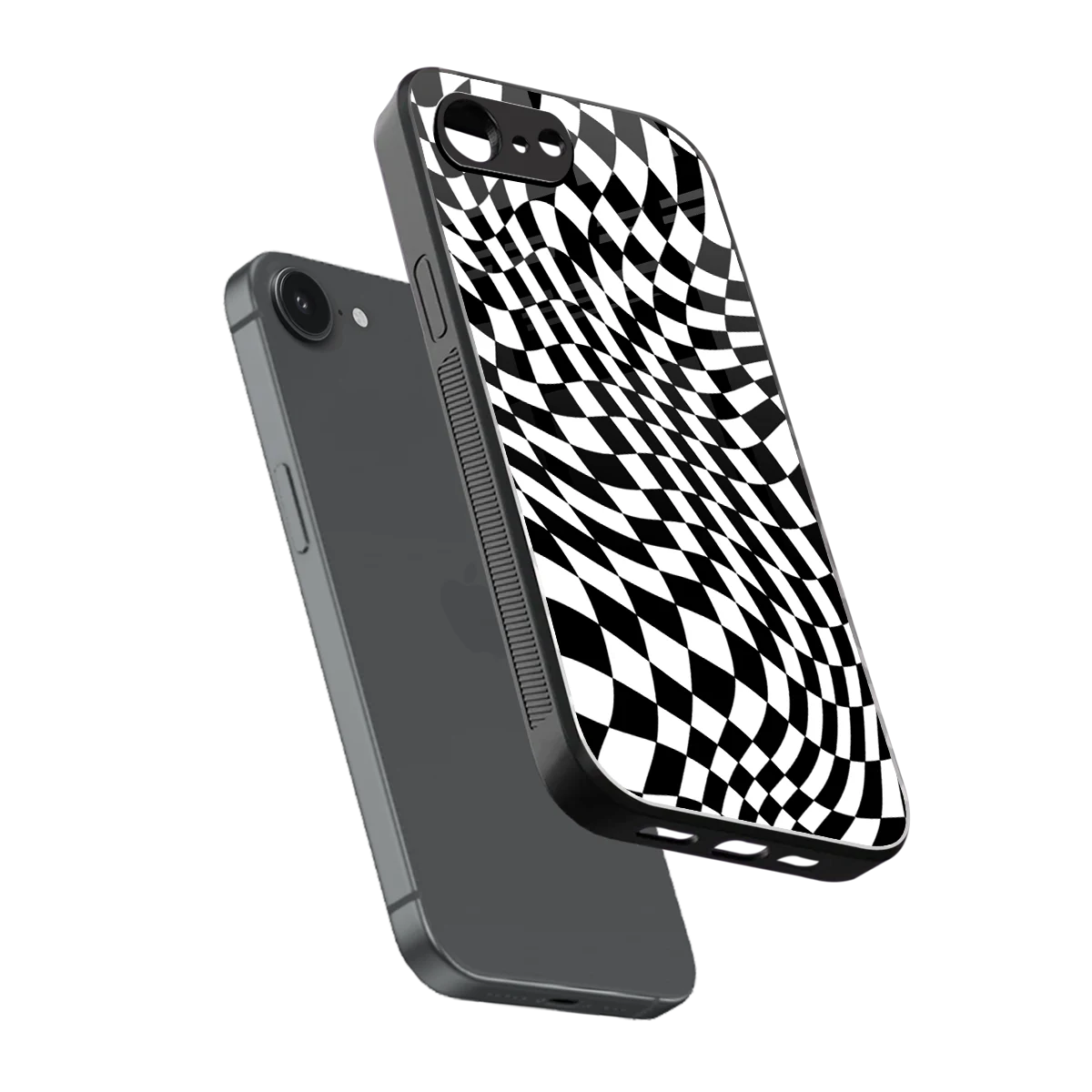 Trippy BW Checkers sleek iphone 16e cover with tempered glass back and TPU edges