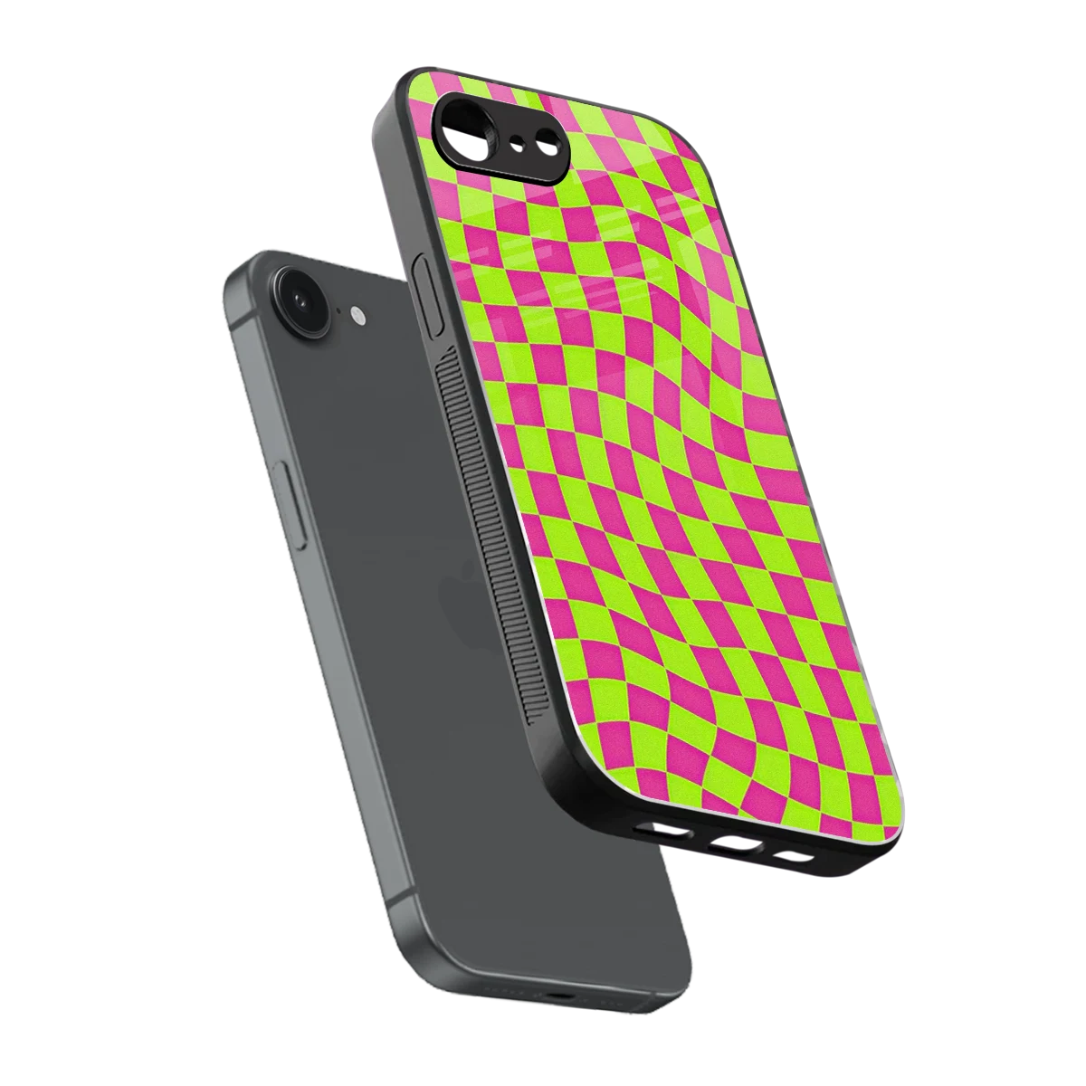 Trippy Green Pink Checkers sleek iphone 16e cover with tempered glass back and TPU edges