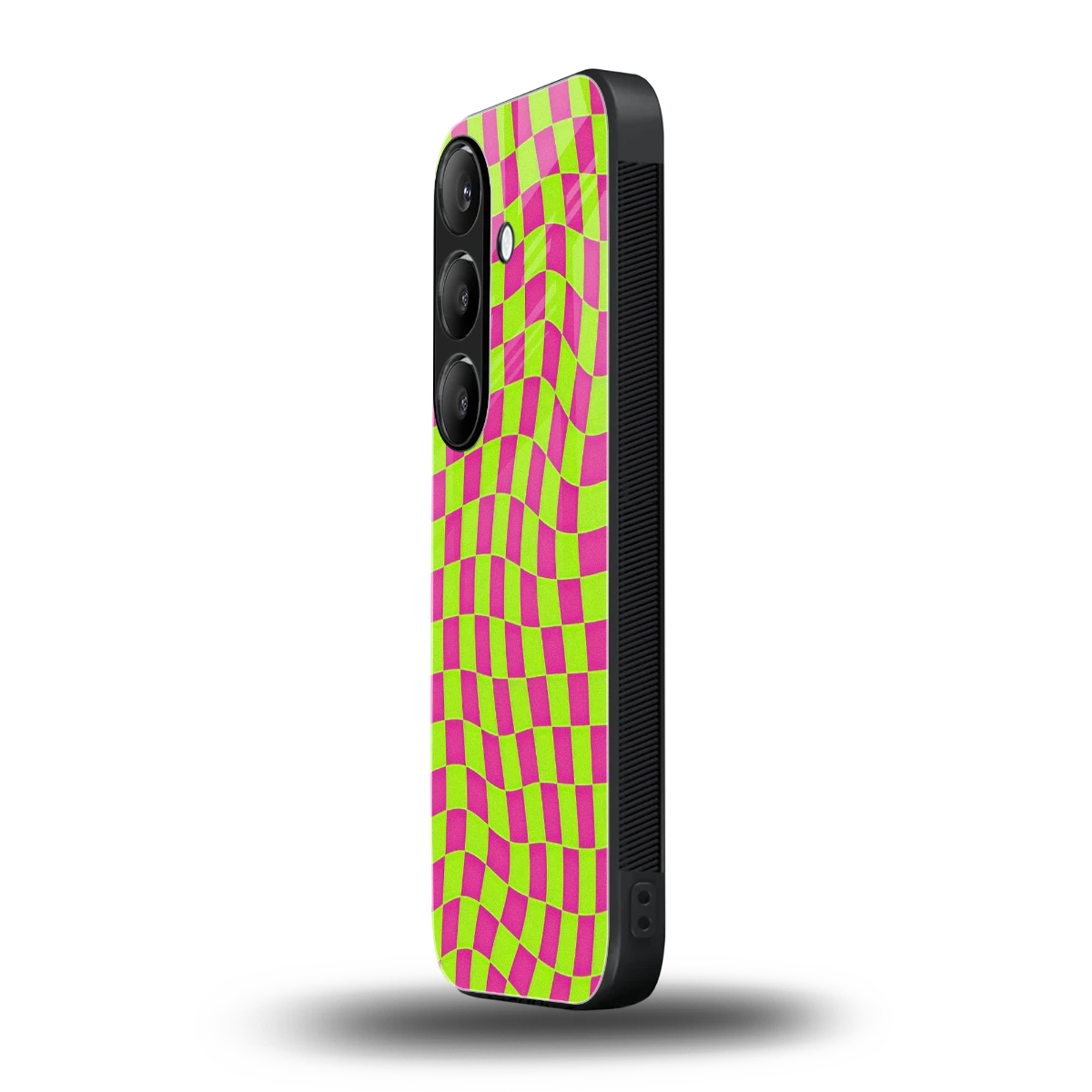 Trippy Green Pink Checkers samsung galaxy s24 mobile cover | shockproof glass phone case