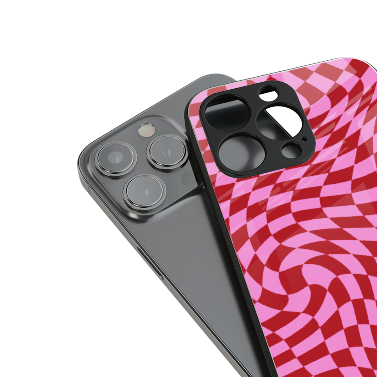 Trippy Pink Checkers stylish phone case for iPhone 16 | glossy glass and slim fit