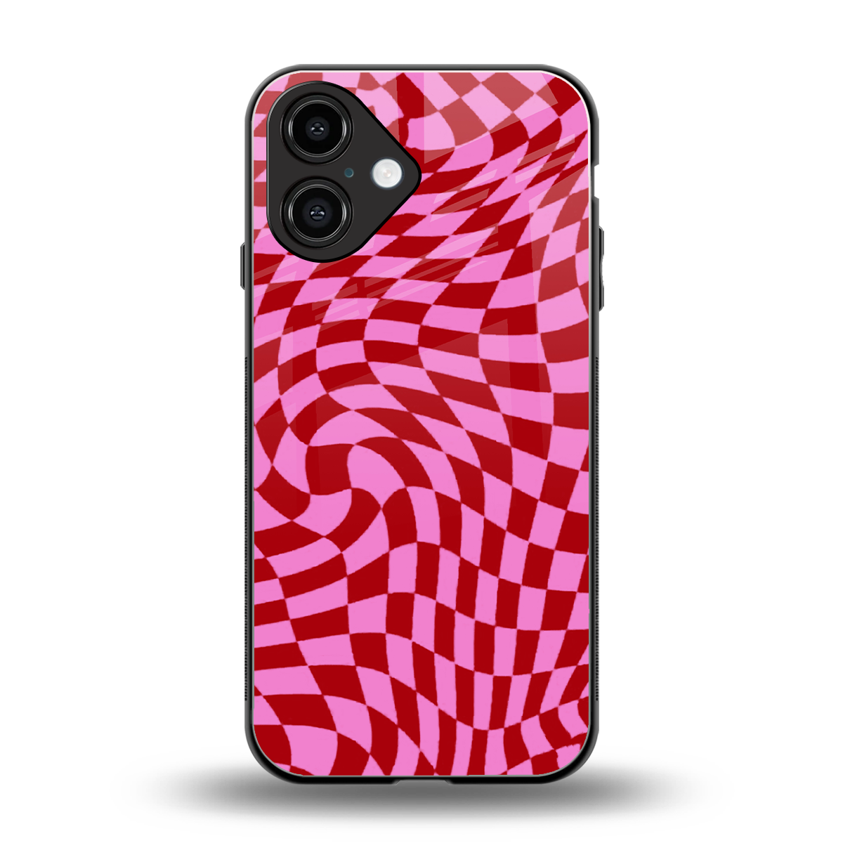 Trippy Pink Checkers back phone cover | glass case for iphone 16