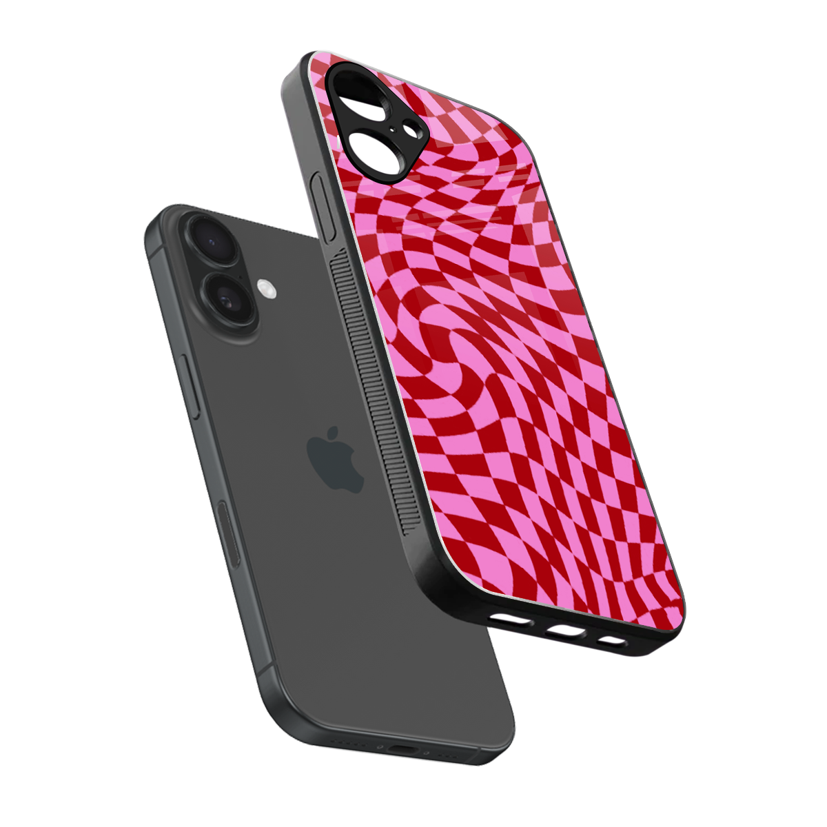 Trippy Pink Checkers sleek iPhone 16 cover with tempered glass back and TPU edges