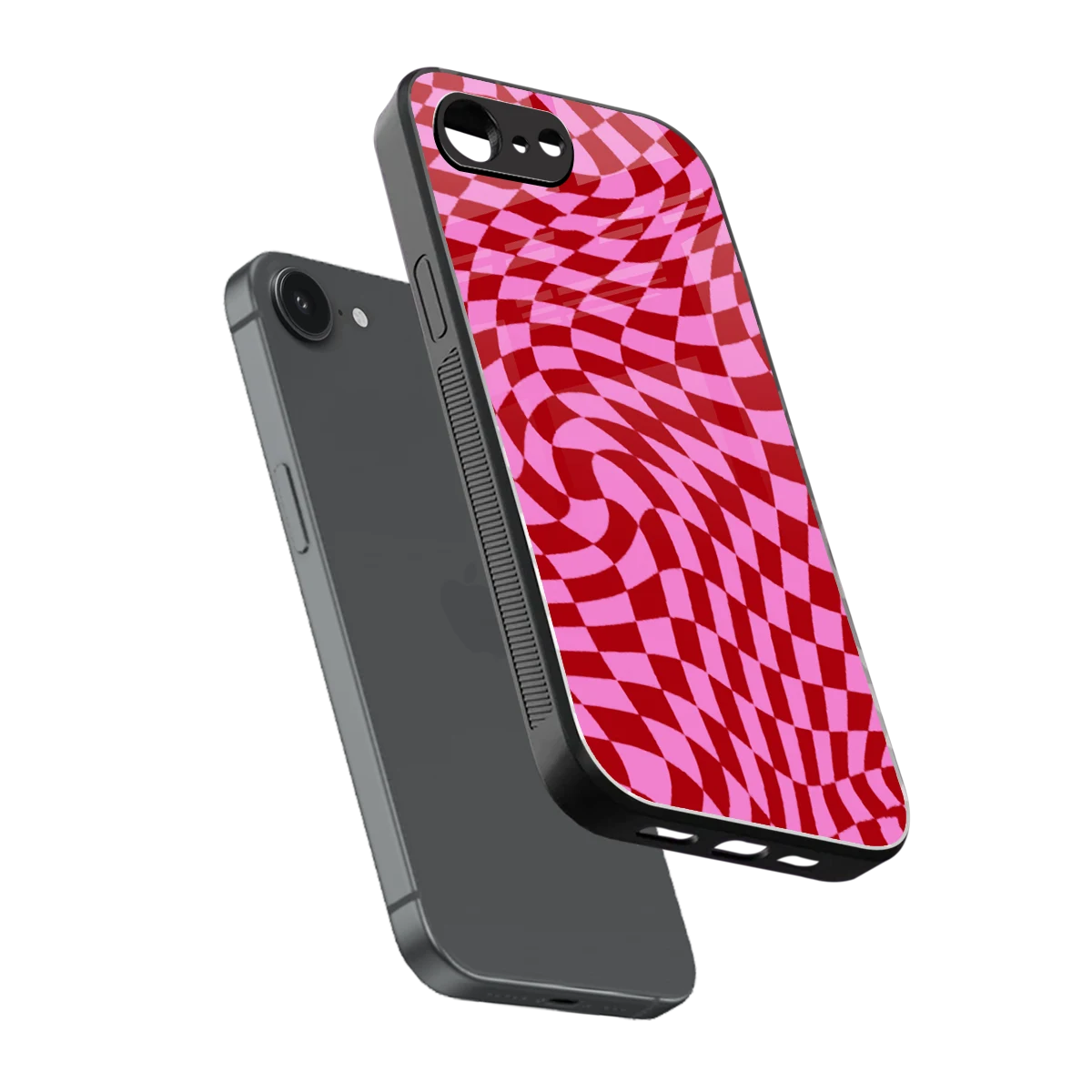 Trippy Pink Checkers sleek iphone 16e cover with tempered glass back and TPU edges