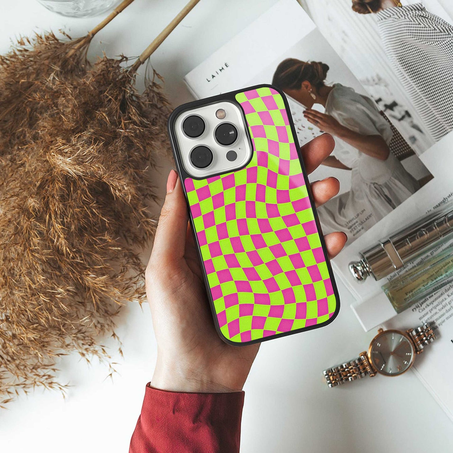 Trippy Green Pink Checkers Phone Case for Iphone 16 | Glass Case