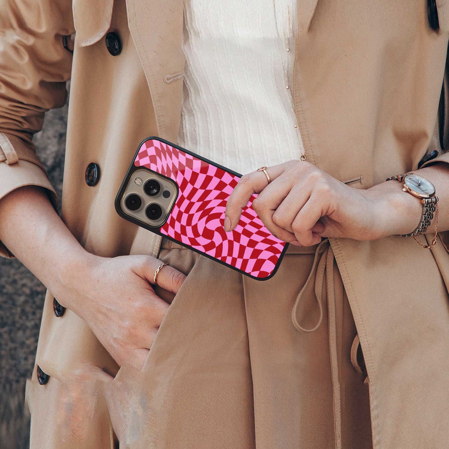 Trippy Pink Checkers luxury glass phone case for iPhone 16 | scratch and drop resistant