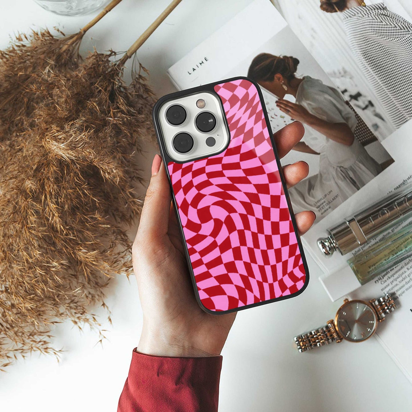 Trippy Pink Checkers TPU glass hybrid case for iPhone 16 | premium mobile back cover