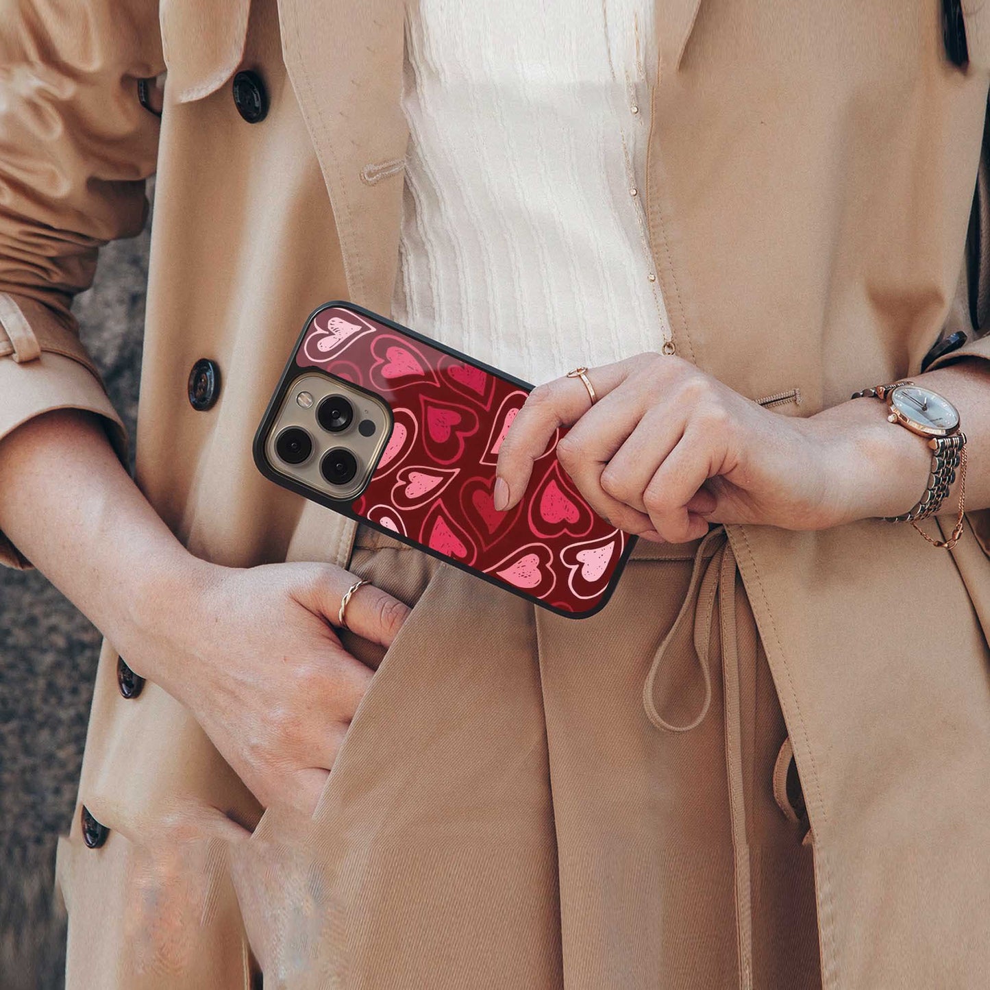 Wine Cascade Hearts Phone Case for Iphone 16 | Glass Case