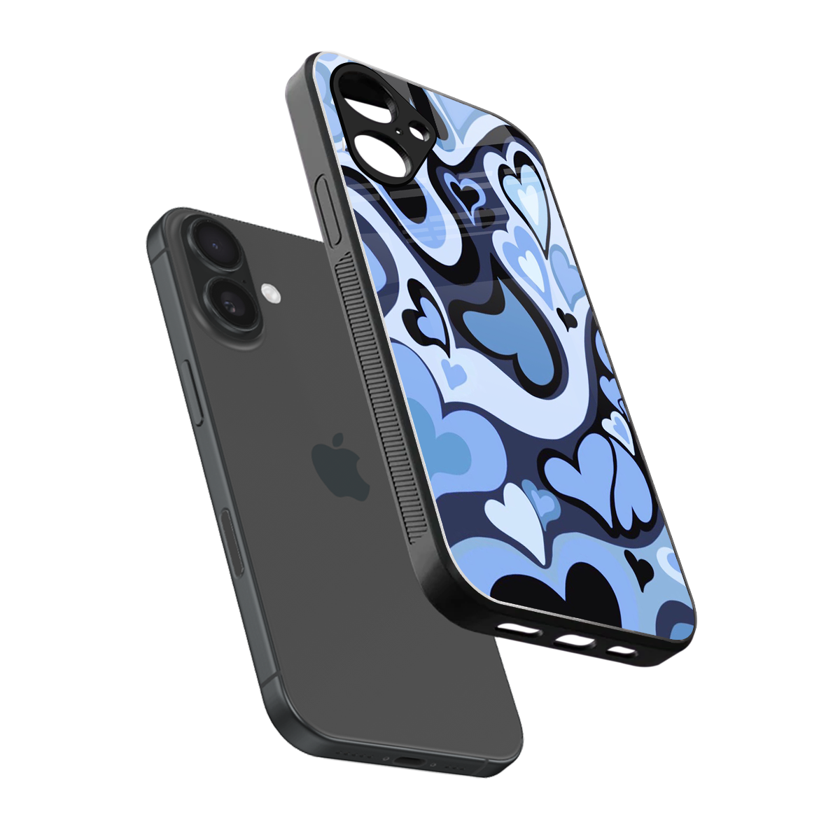 Y2K Blue Meltdown Hearts sleek iPhone 16 cover with tempered glass back and TPU edges