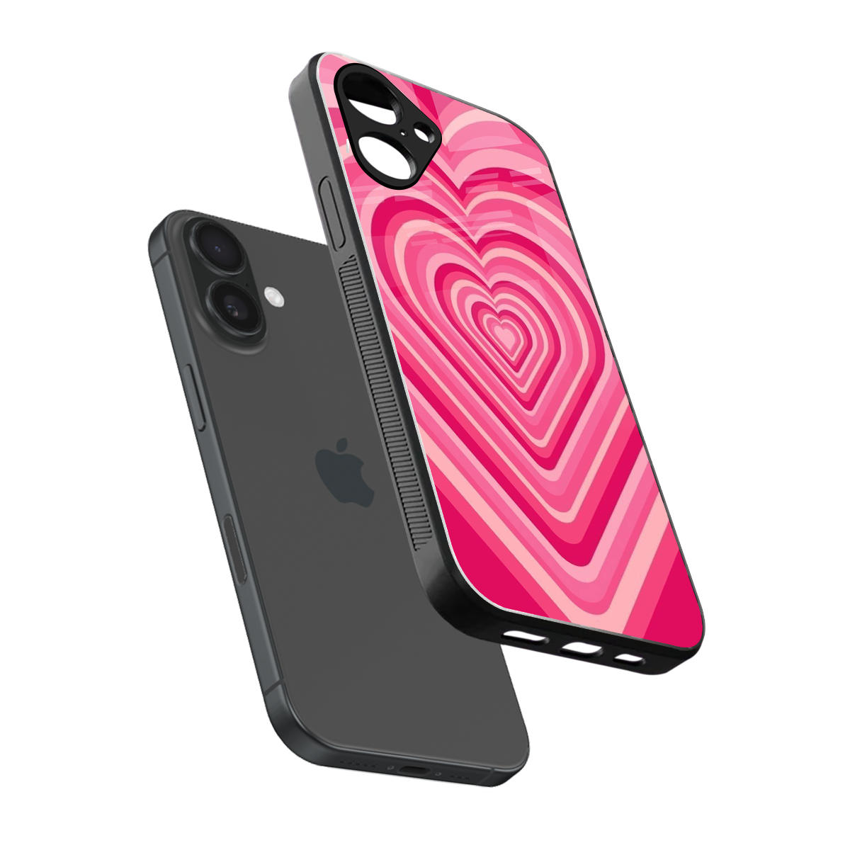 Y2K French Pink Hearts sleek iPhone 16 cover with tempered glass back and TPU edges