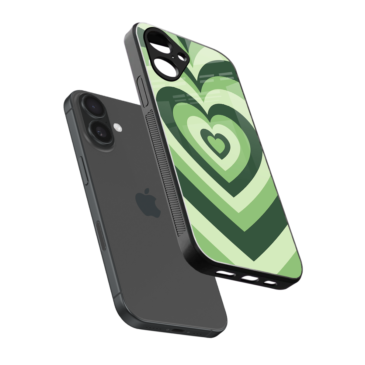 Y2K Green Hearts sleek iPhone 16 cover with tempered glass back and TPU edges