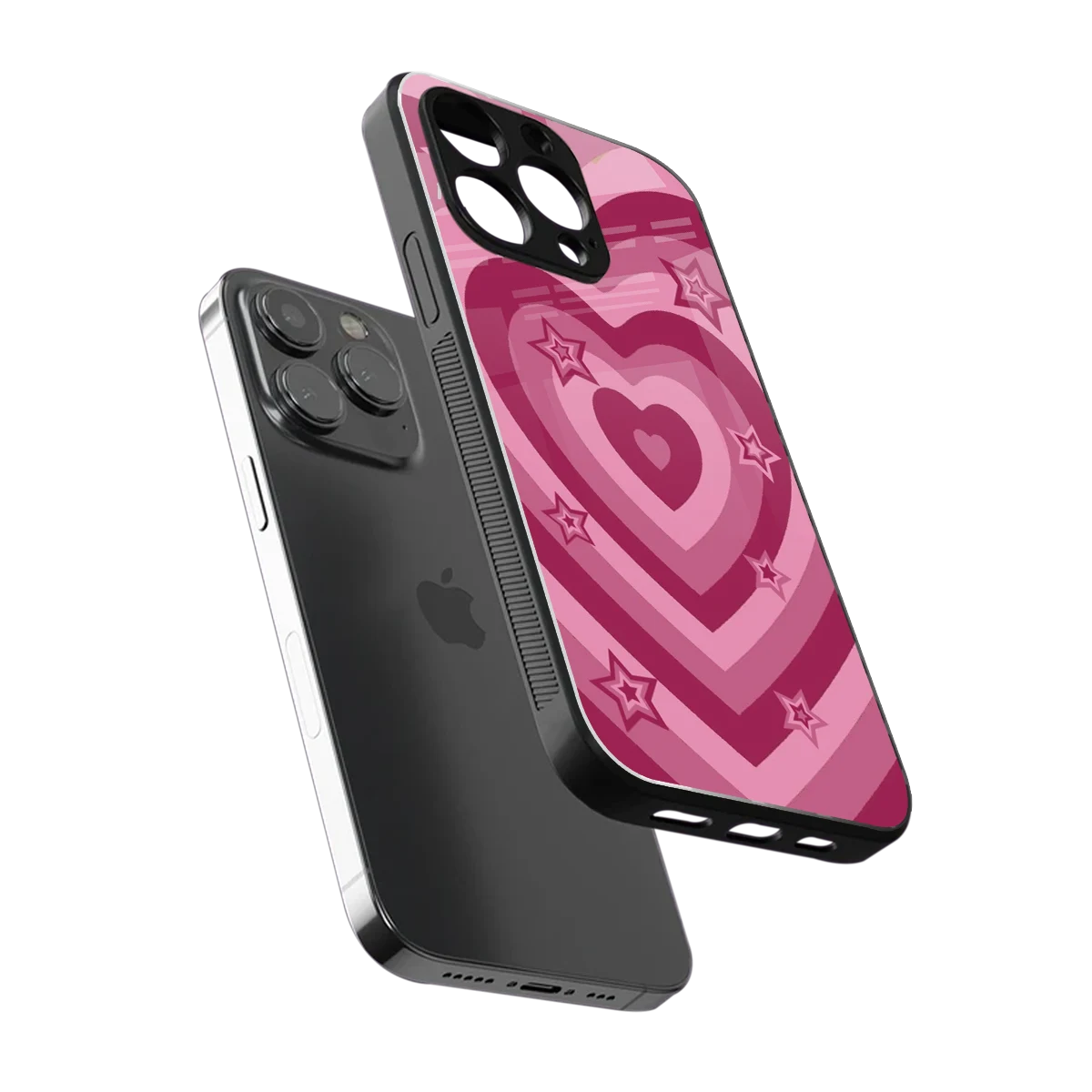 Y2K Pink Hearts X Stars sleek iphone 16 pro max cover with tempered glass back and TPU edges