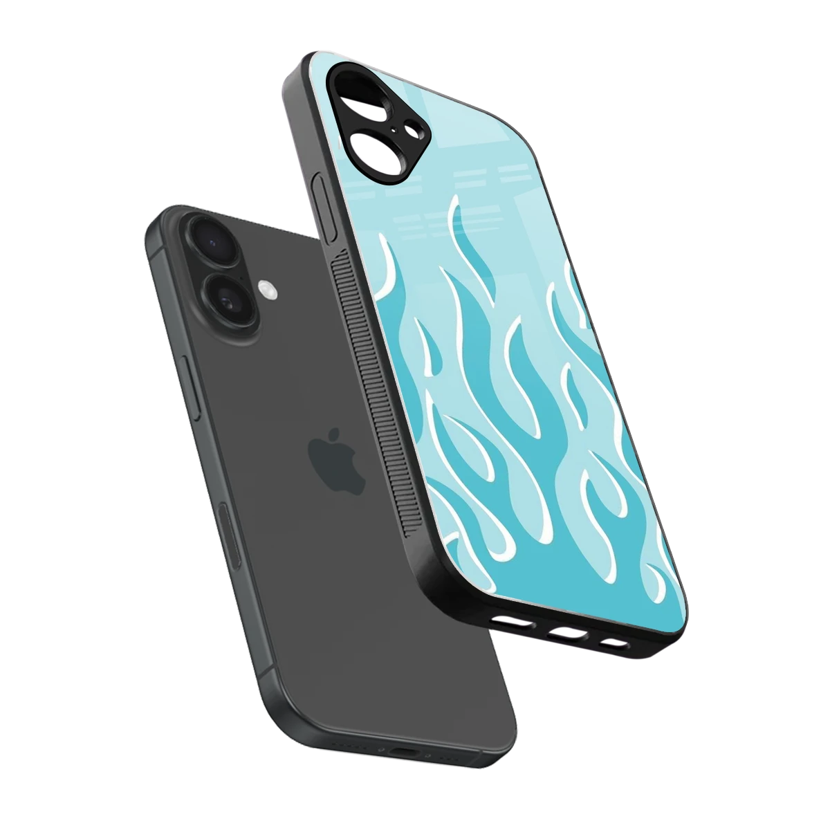 Y2K Retro Blue Flames sleek iPhone 16 cover with tempered glass back and TPU edges