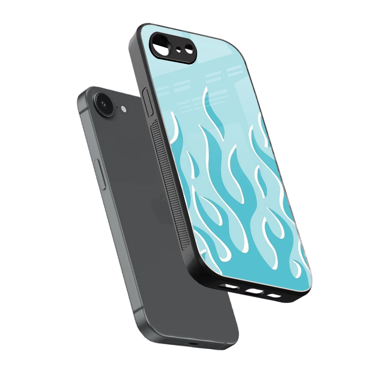 Y2K Retro Blue Flames sleek iphone 16e cover with tempered glass back and TPU edges