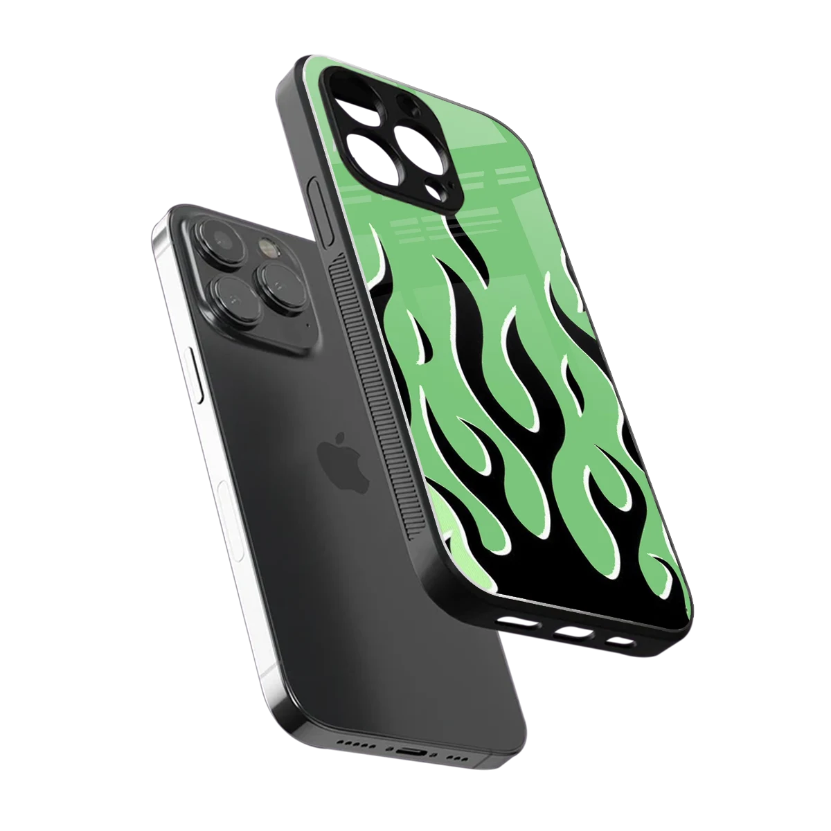 Y2K Retro Green Flames sleek iphone 16 pro max cover with tempered glass back and TPU edges