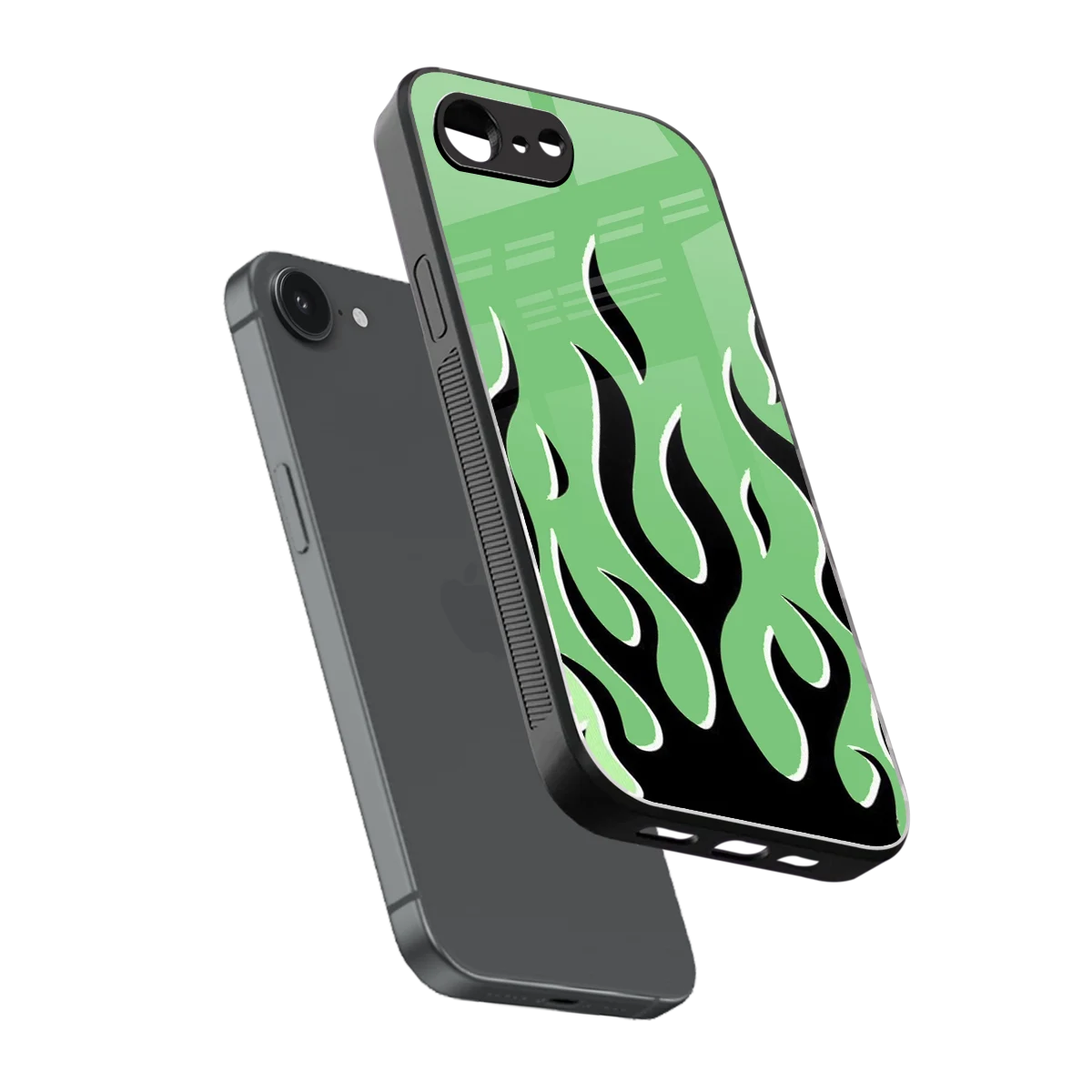 Y2K Retro Green Flames sleek iphone 16e cover with tempered glass back and TPU edges