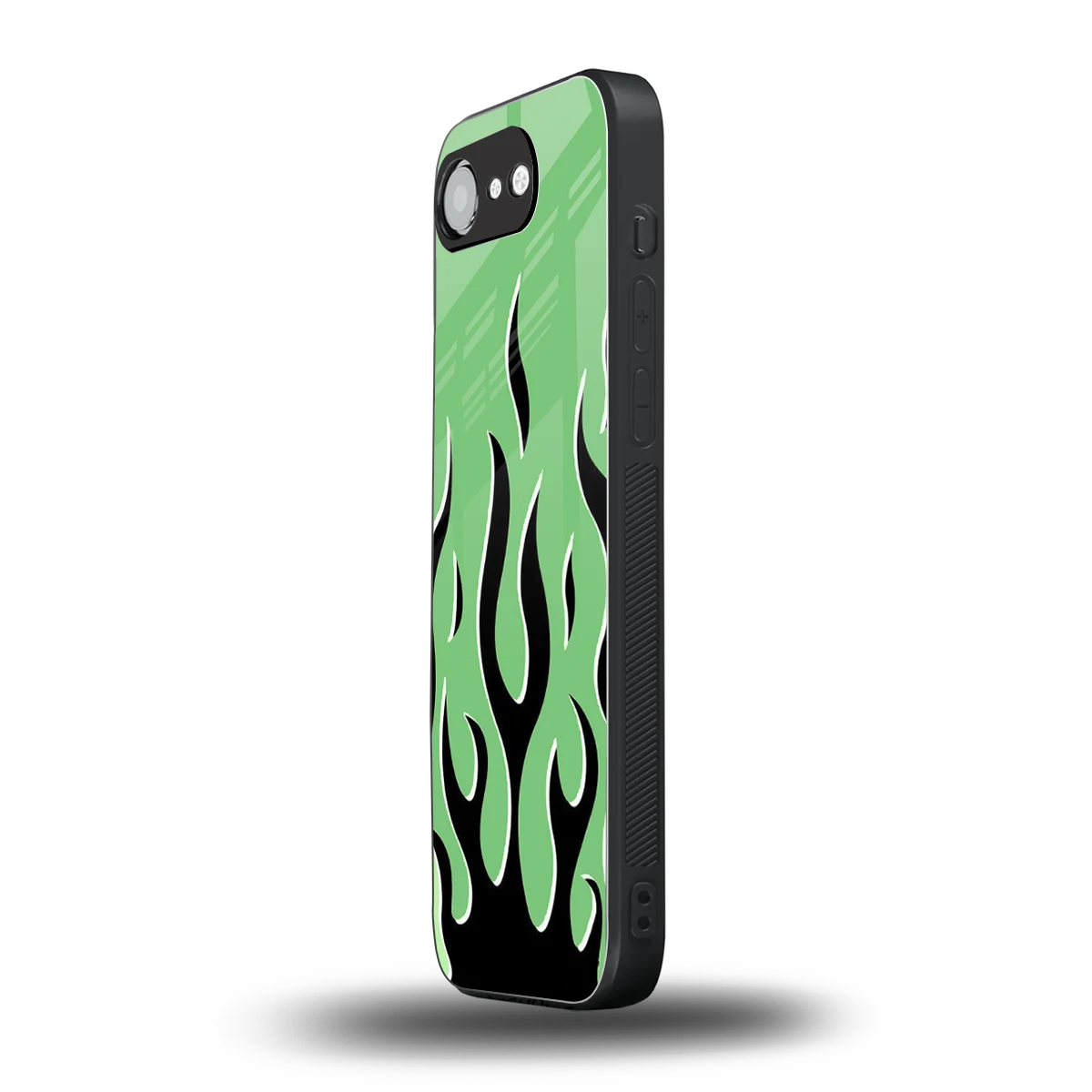Y2K Retro Green Flames iphone 16e mobile cover | shockproof glass phone case