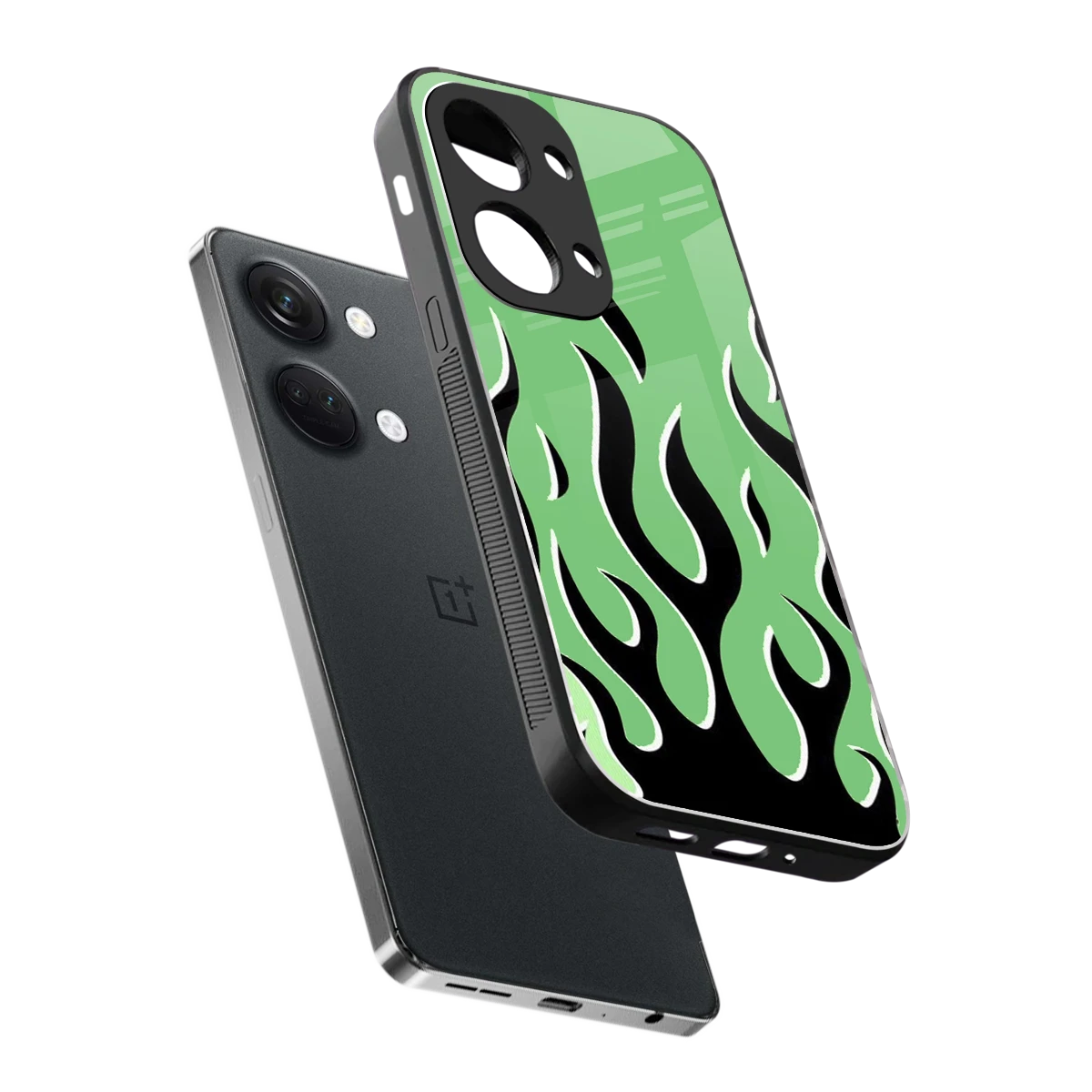 Y2K Retro Green Flames sleek oneplus nord 3 cover with tempered glass back and TPU edges