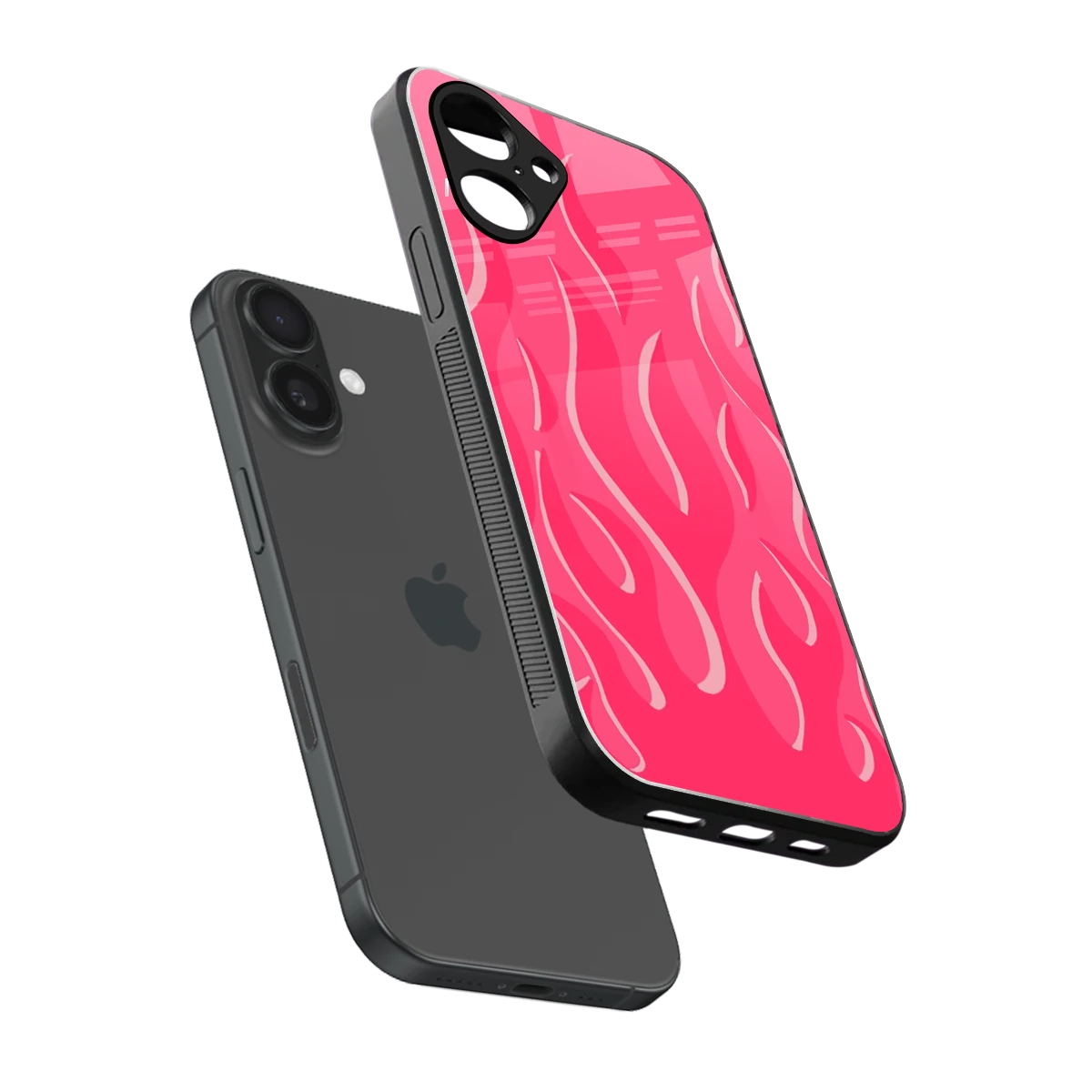 Y2K Retro Hot Pink Flames sleek iPhone 16 cover with tempered glass back and TPU edges