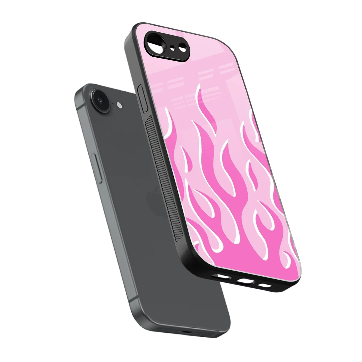Y2K Retro Pink Flames sleek iphone 16e cover with tempered glass back and TPU edges