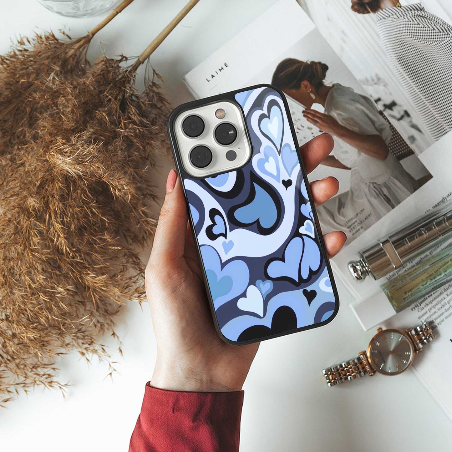 Y2K Blue Meltdown Hearts luxury glass phone case for iPhone 16 | scratch and drop resistant