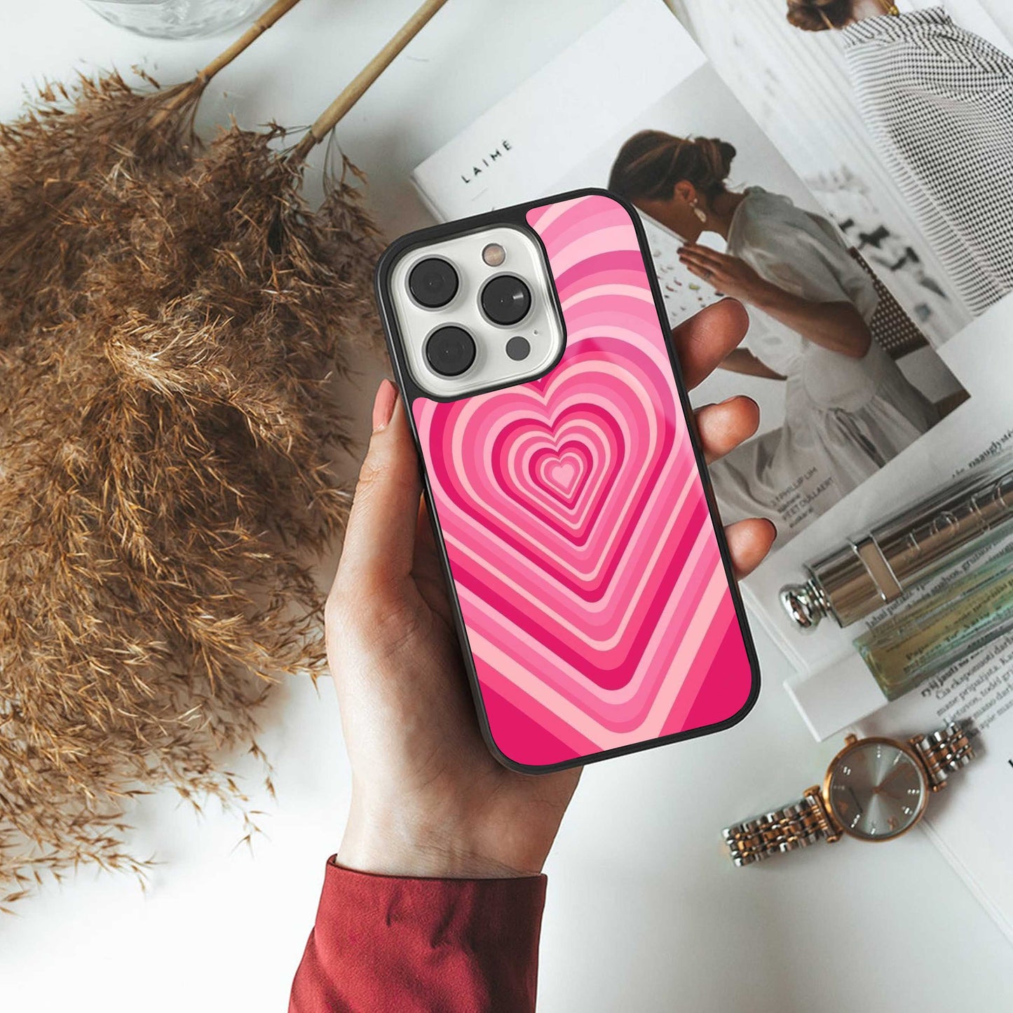 Y2K French Pink Hearts luxury glass phone case for iPhone 16 | scratch and drop resistant