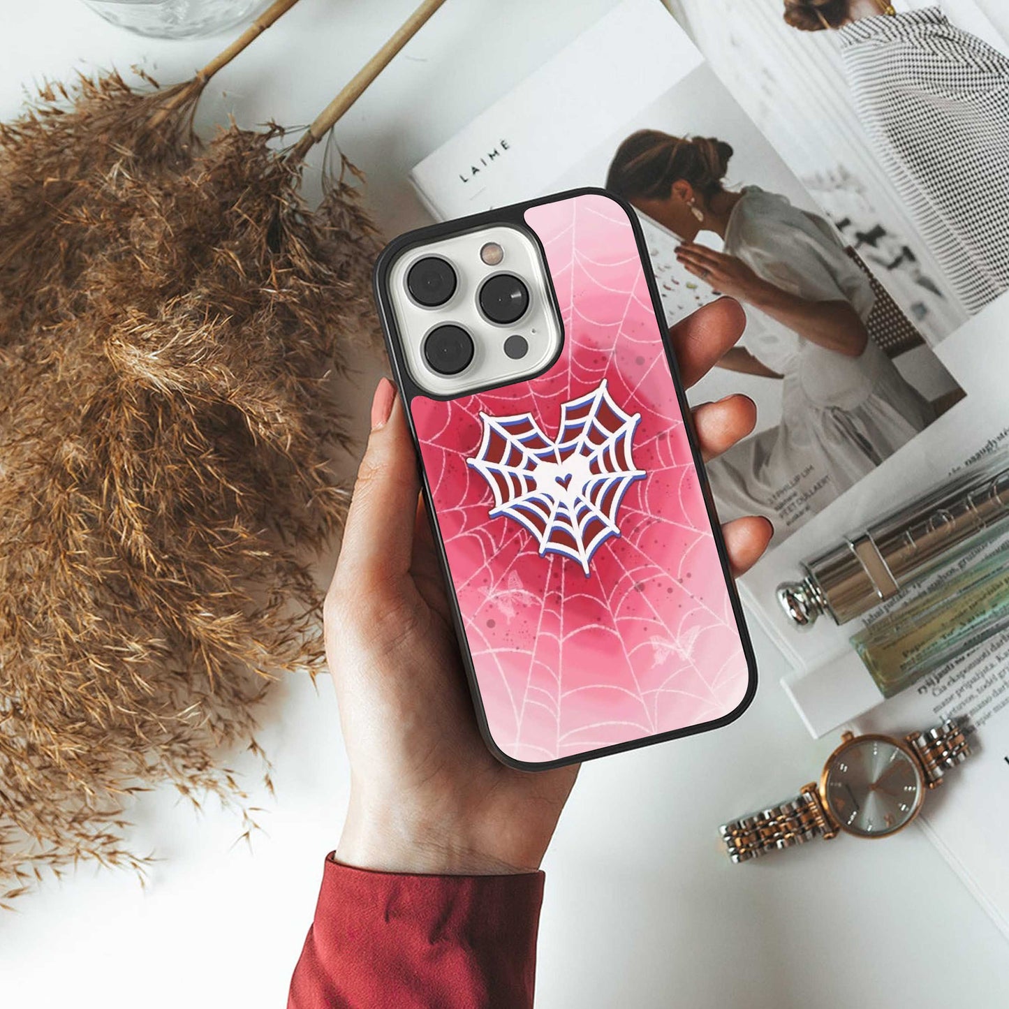 Y2K Hearts X Web luxury glass phone case for iPhone 16 | scratch and drop resistant