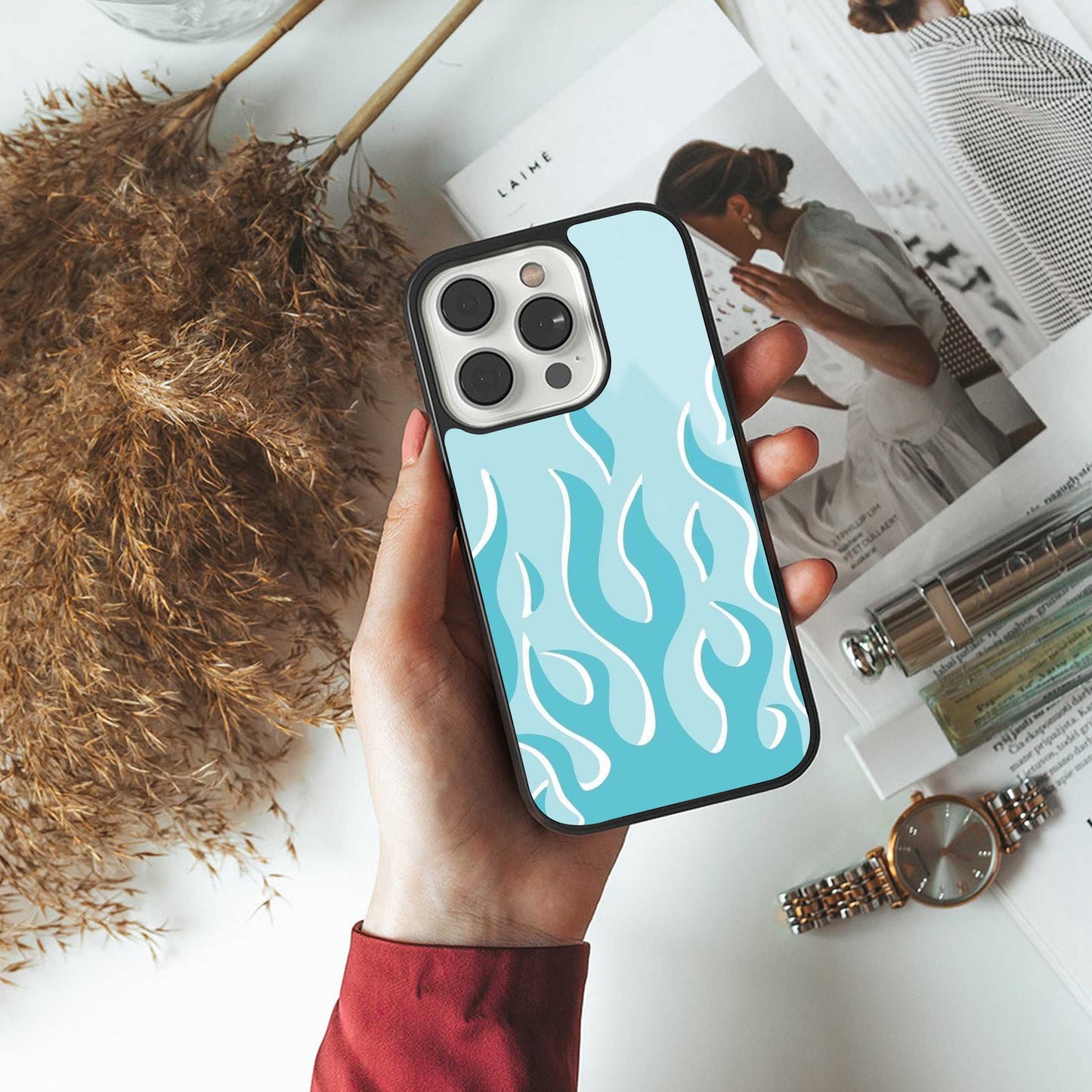 Y2K Retro Blue Flames Phone Case for Iphone 16 | Glass Case
